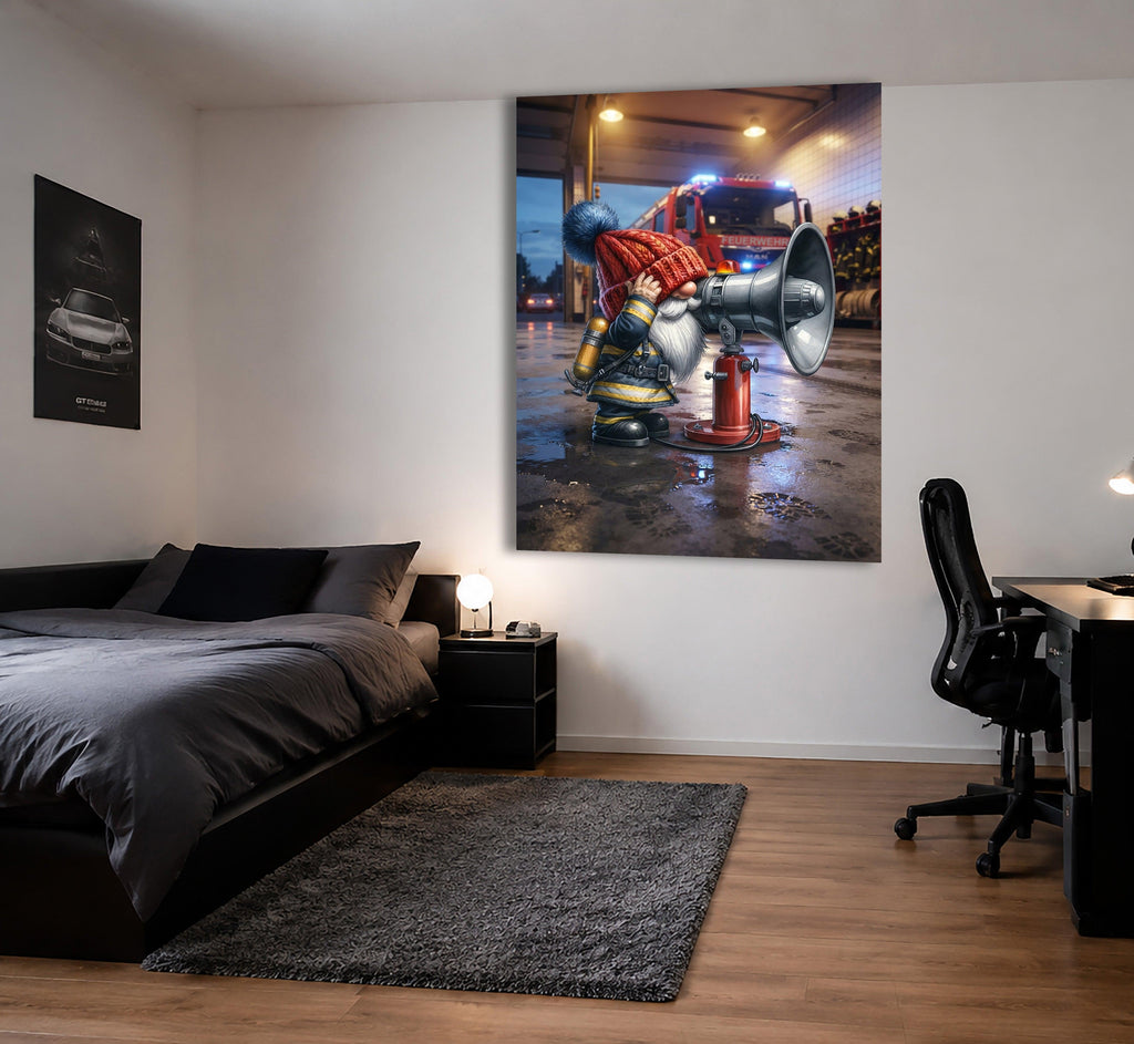 Feuerwehr Wichtel an der Sirene im Regen Kunstdruck auf Leinwand