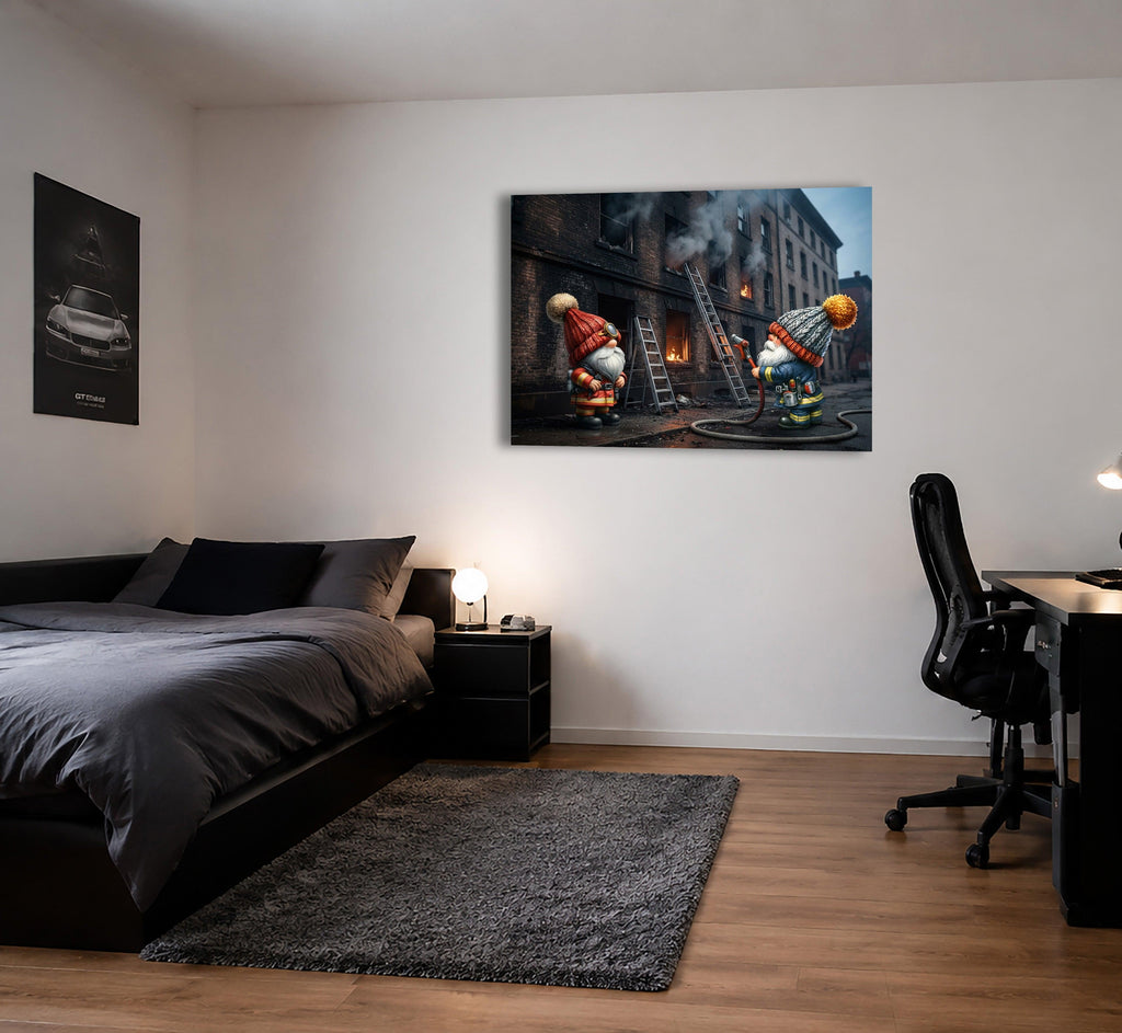 Feuerwehr Wichtel am brennenden Gebäude mit Leiter Kunstdruck auf Leinwand