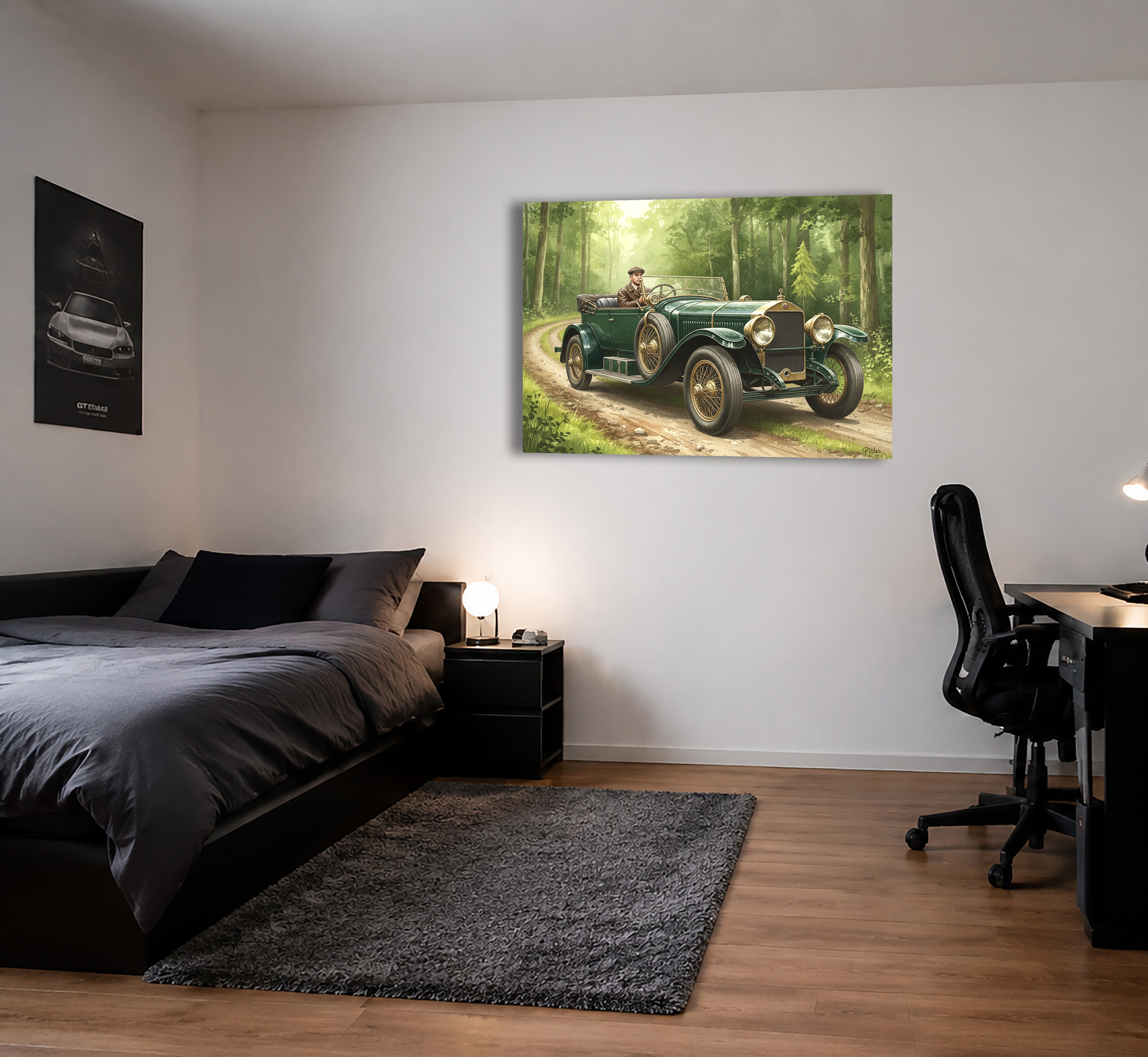 Wandbild Oldtimer Grüner Tourenwagen Fahrer Waldweg Sonnenlicht Kunstdruck auf Leinwand