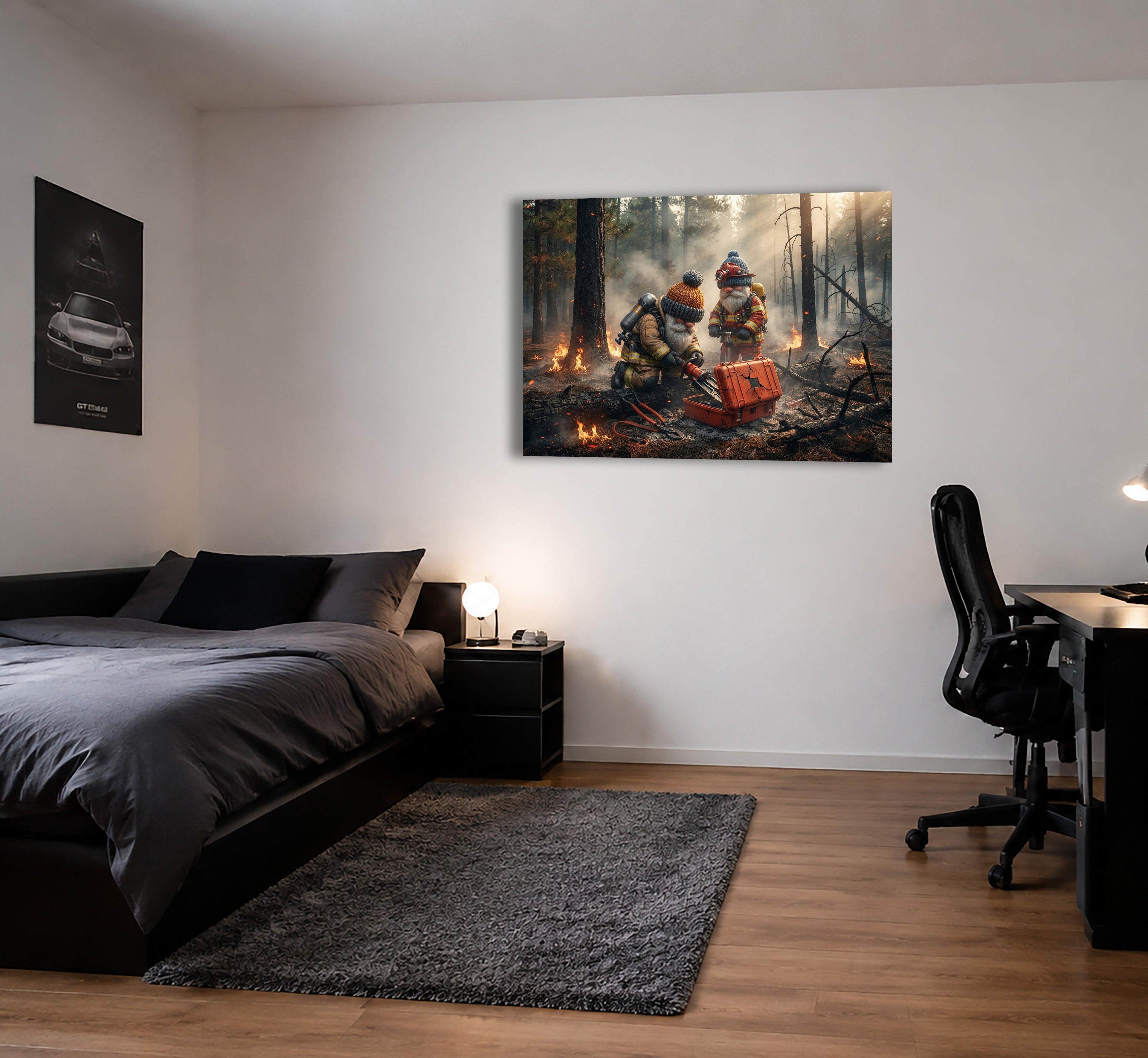 Feuerwehr Wichtel nach dem Waldbrand Kunstdruck auf Leinwand