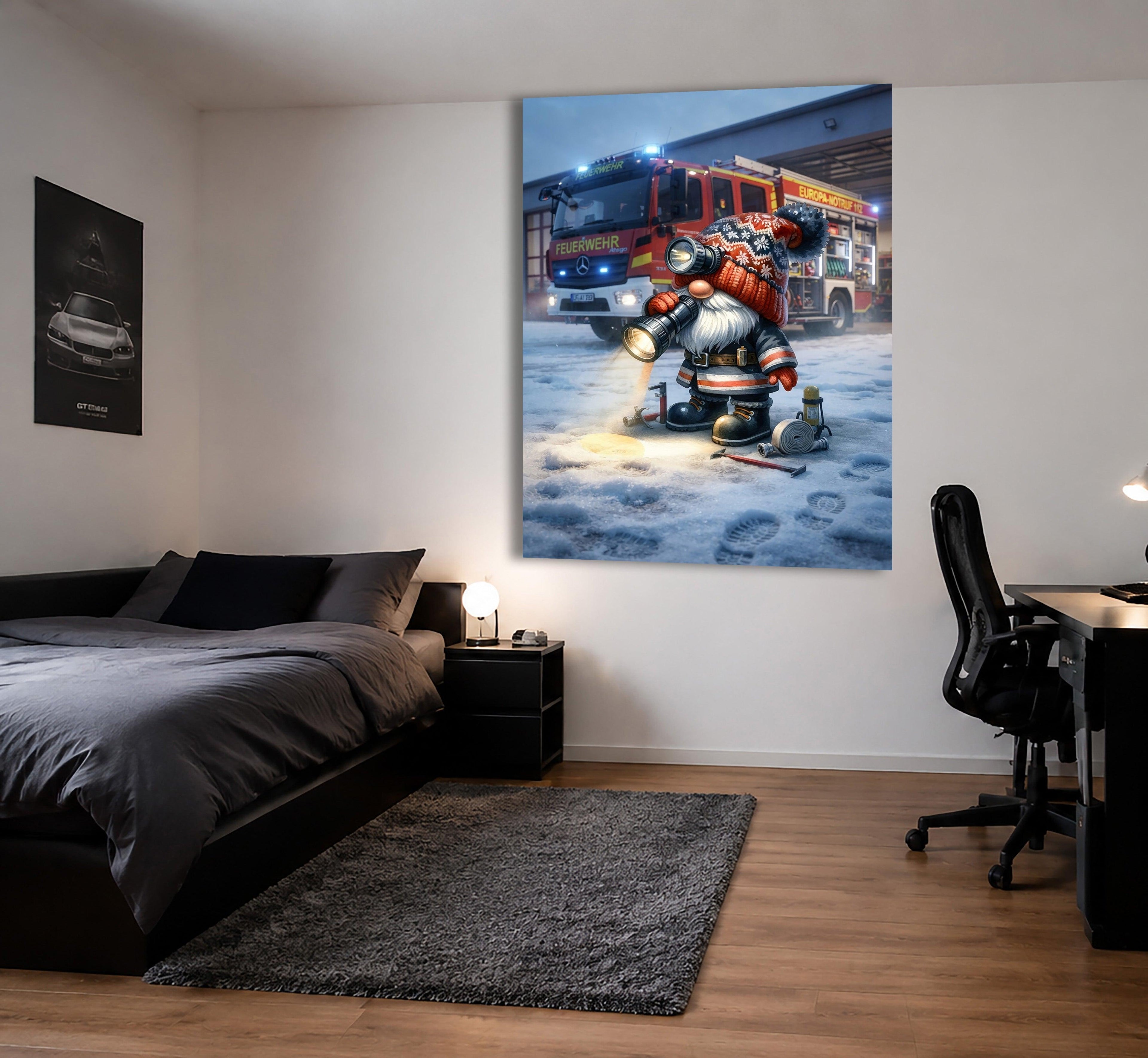 Feuerwehr Wichtel Wintereinsatz mit Taschenlampe Kunstdruck auf Leinwand