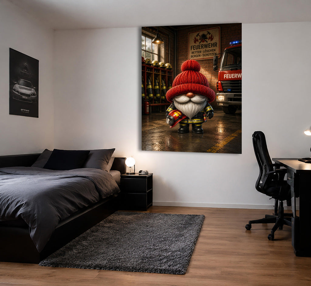 Feuerwehr Wichtel mit rotem Helm Kunstdruck auf Leinwand