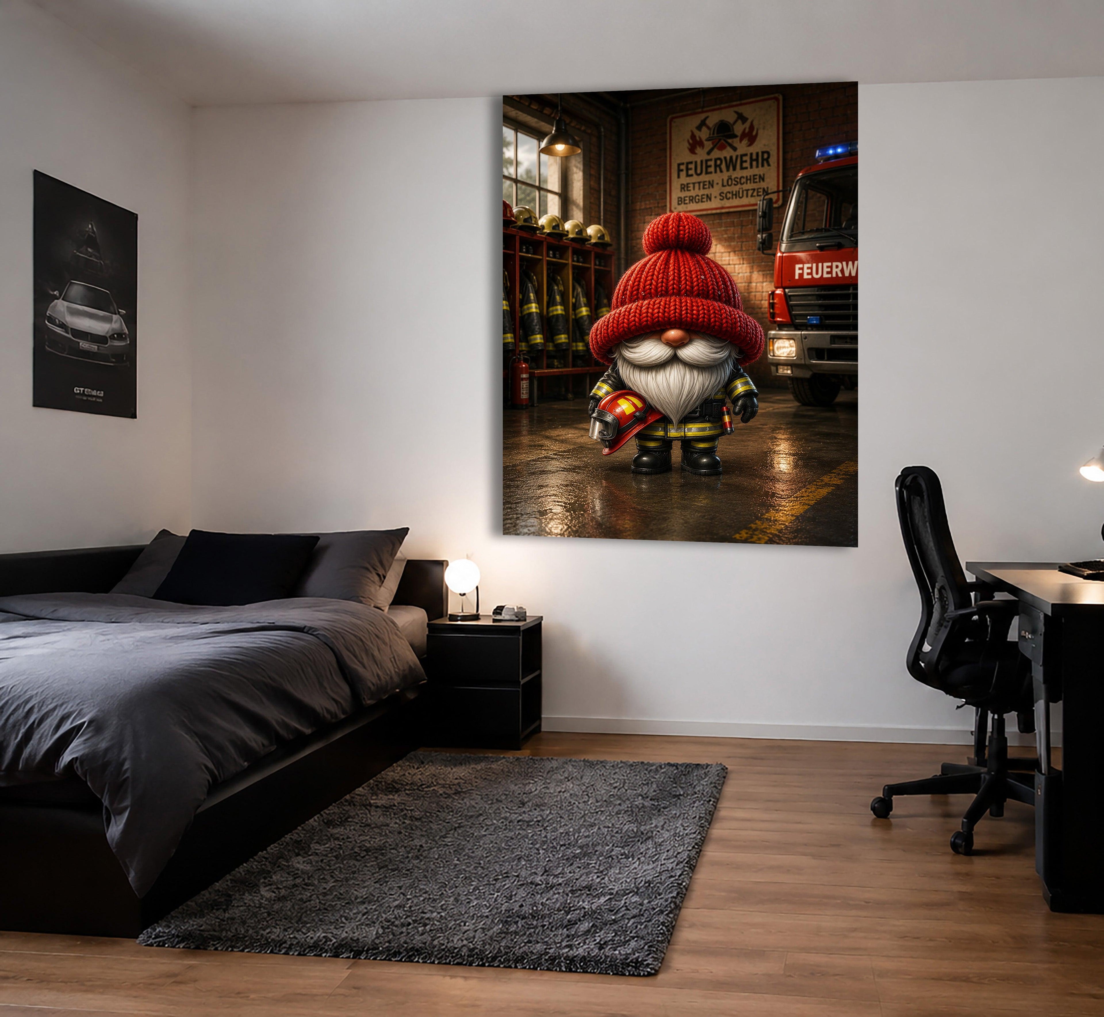 Feuerwehr Wichtel mit rotem Helm Kunstdruck auf Leinwand