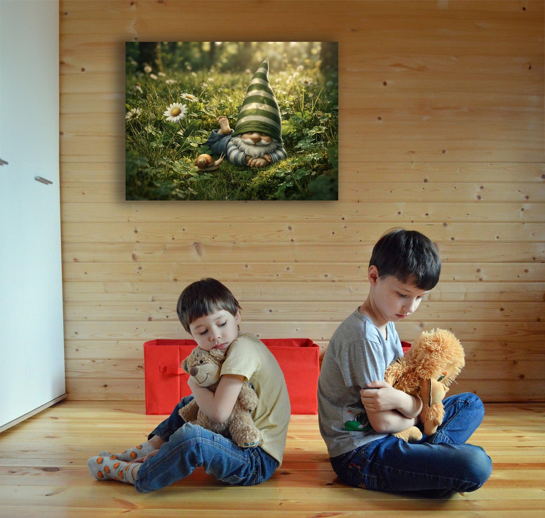 Wandbild Schlafender Wichtel auf der Wiese Kunstdruck auf Leinwand