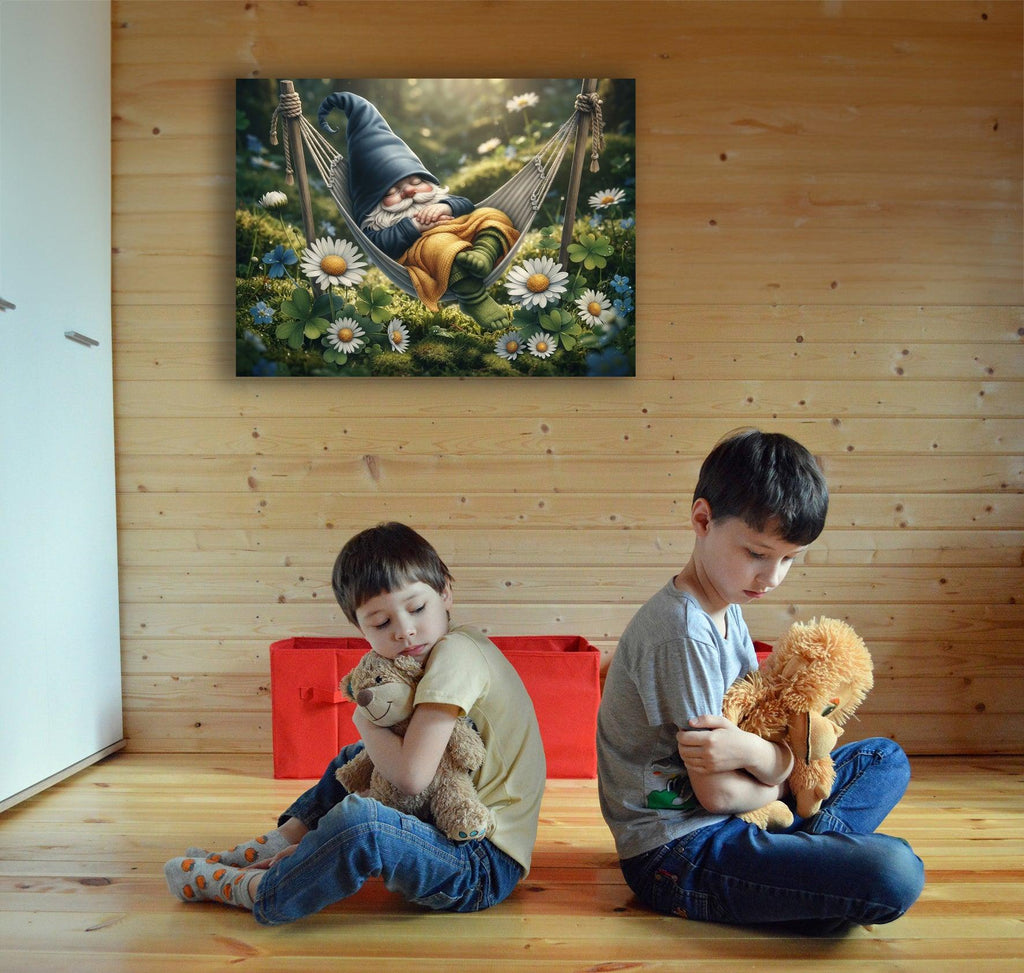 Wandbild Wichtel schläft in der Hängematte Kunstdruck auf Leinwand