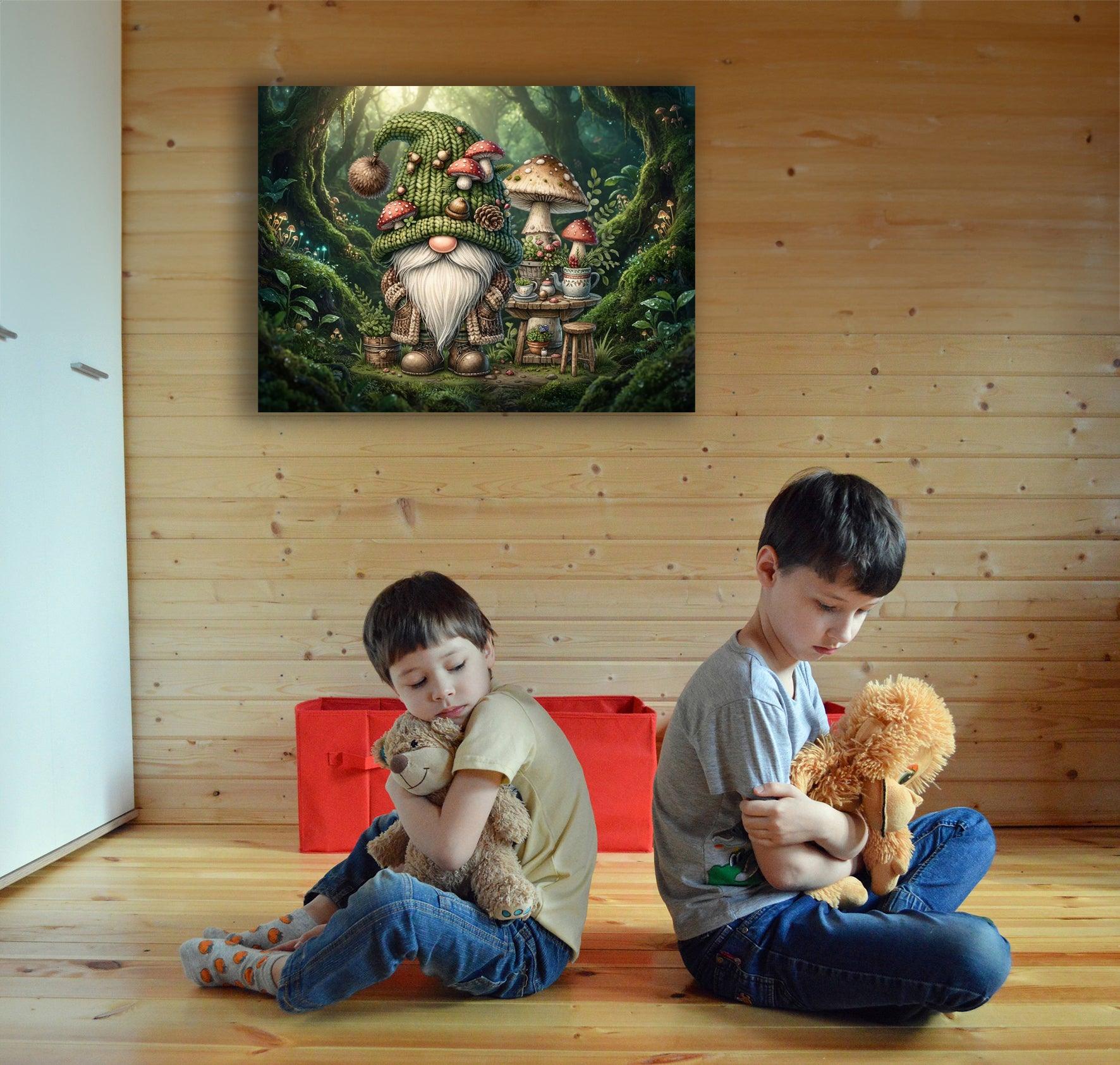 Wandbild Wichtel beim Waldtee im Zauberwald Kunstdruck auf Leinwand