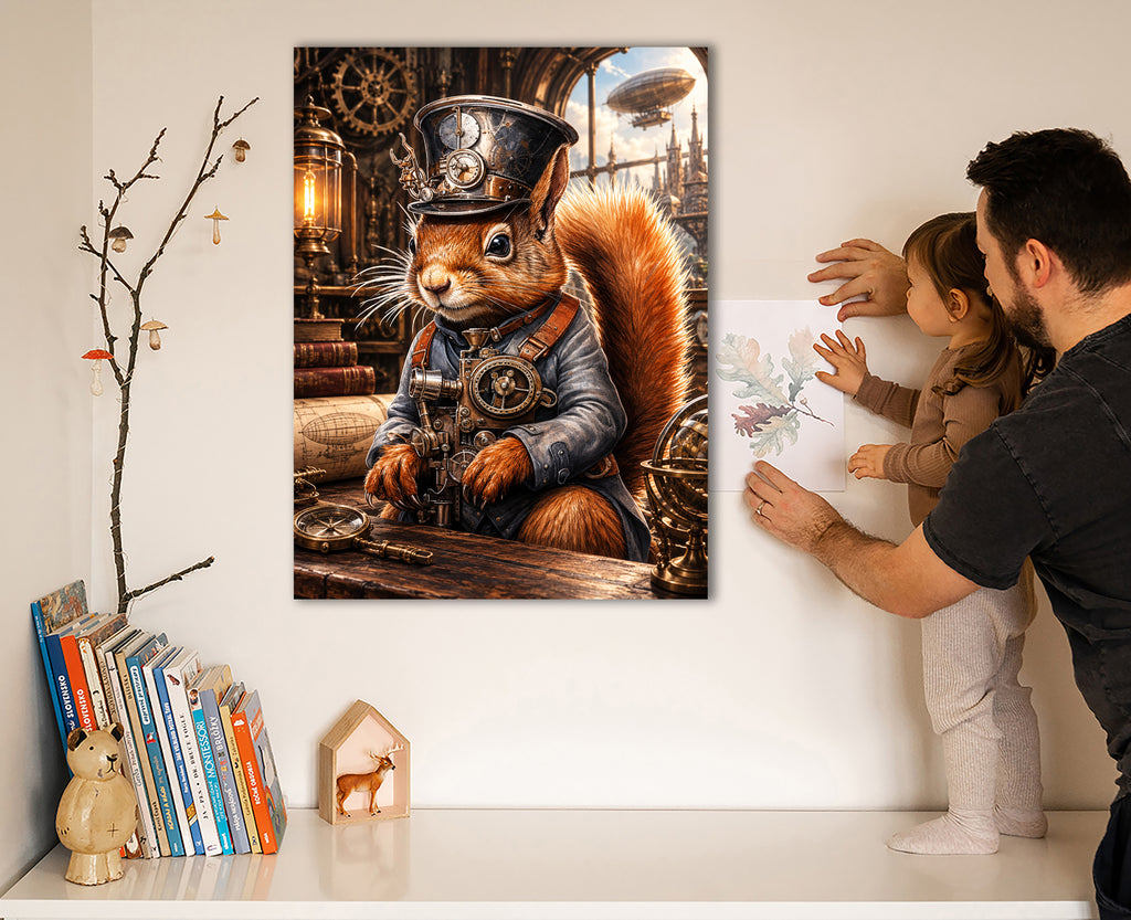 Wandbild Eichhörnchen Steampunk Entdecker Taschenuhr London Kunstdruck auf Leinwand