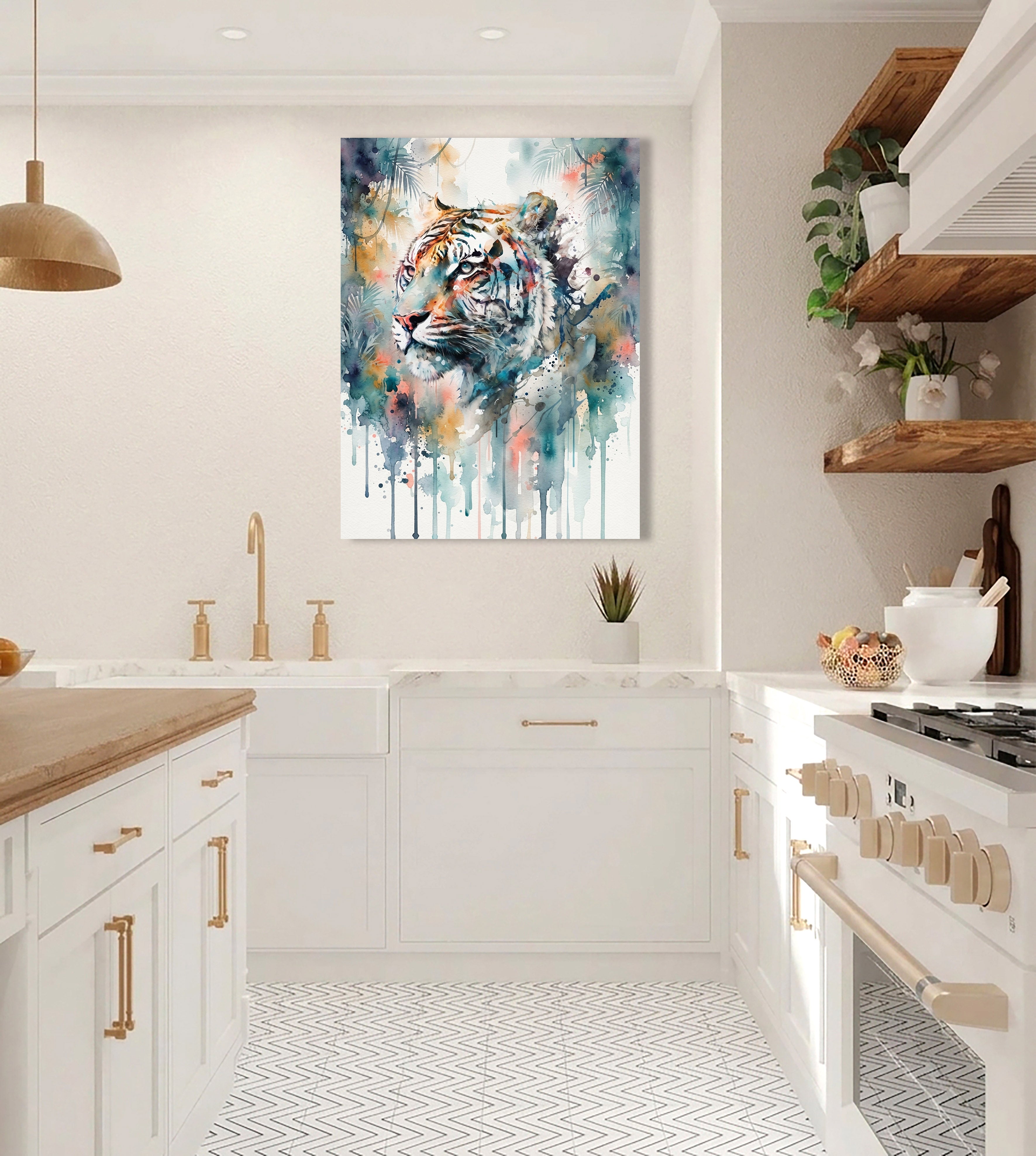 Wandbild Tiger Weißer Tiger Aquarell Farbspritzer Dschungel Kunstdruck auf Leinwand