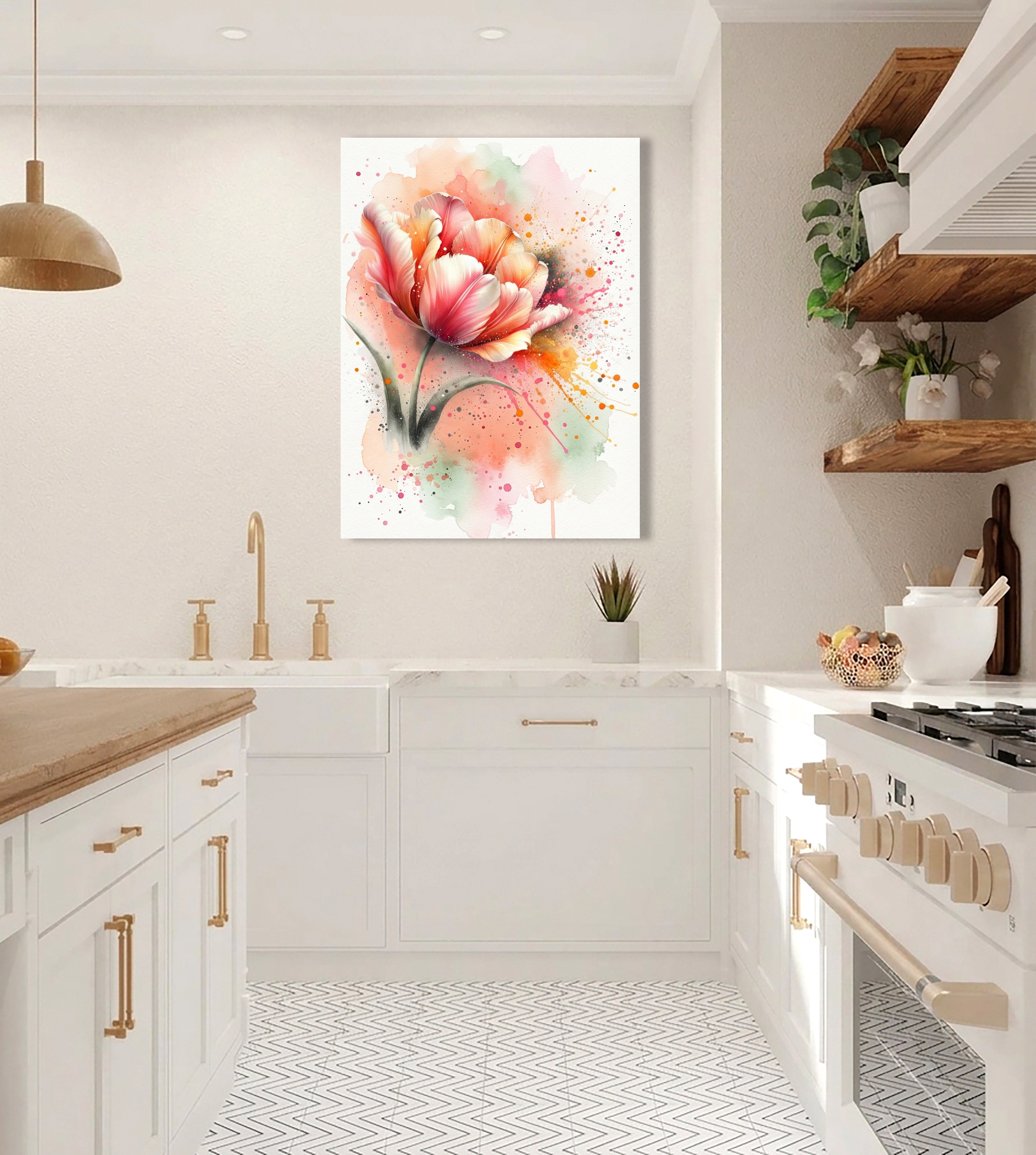 Wandbild Tulpe Aquarell Lachs Orange Rosa Farbspritzer Frühlingsblüte Kunstdruck auf Leinwand