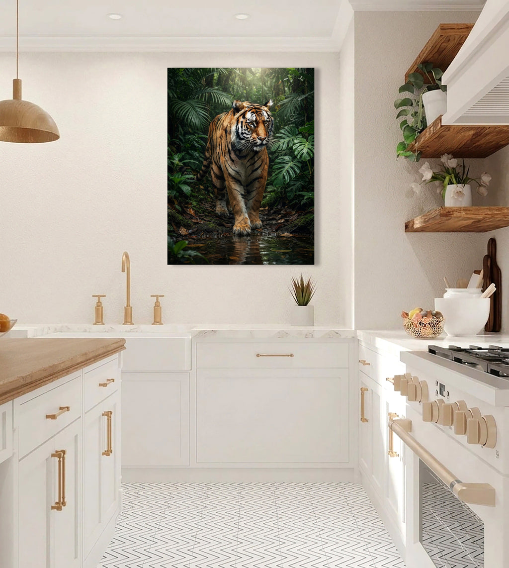 Wandbild Tiger Regenwald Frontal Wasserpfütze Dschungel Kunstdruck auf Leinwand