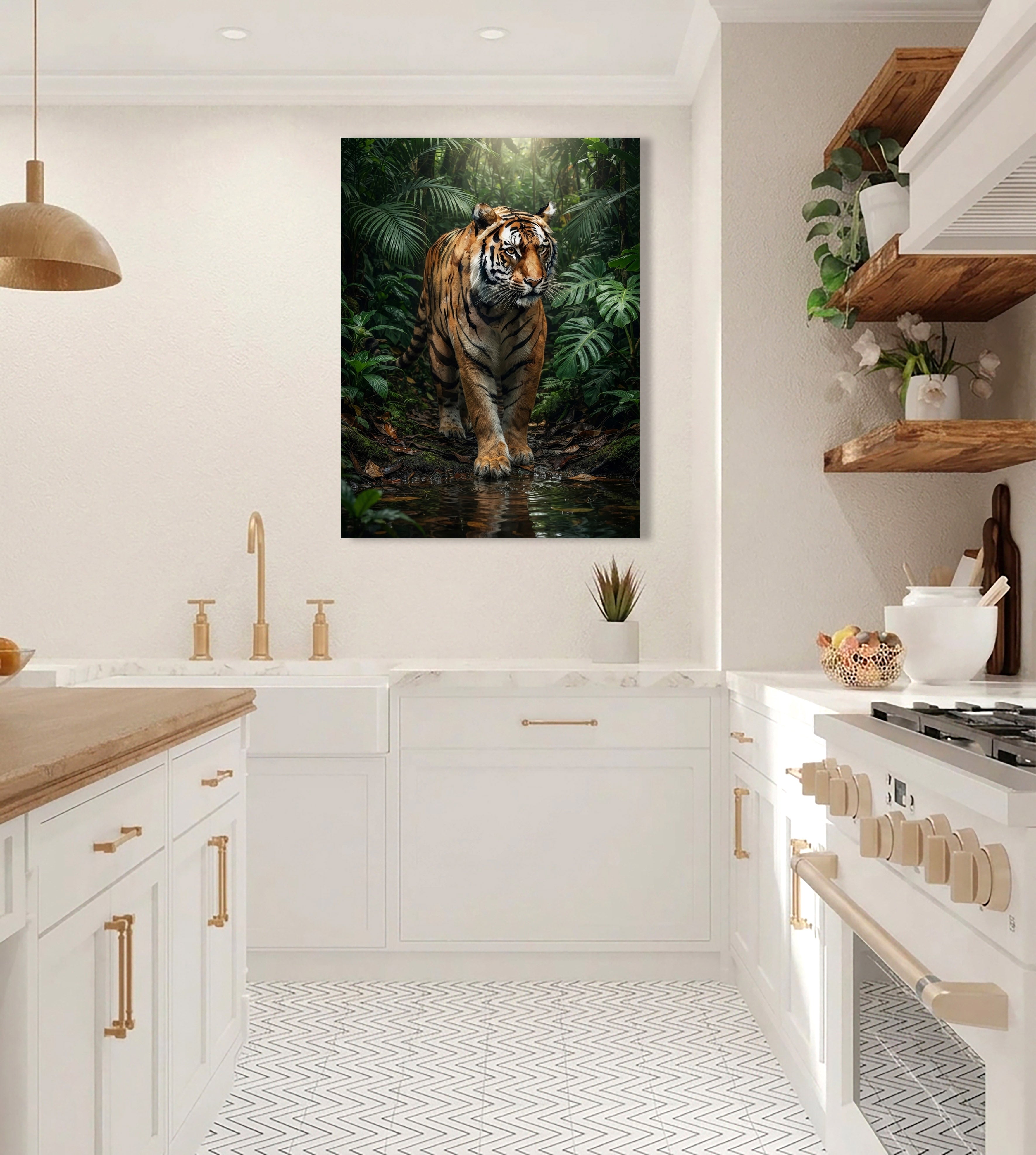 Wandbild Tiger Regenwald Frontal Wasserpfütze Dschungel Kunstdruck auf Leinwand