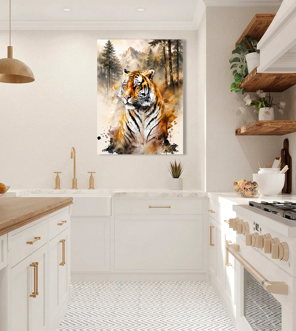 Wandbild Tiger Aquarell Nadelwald Bergkulisse Nr. 1 Kunstdruck auf Leinwand