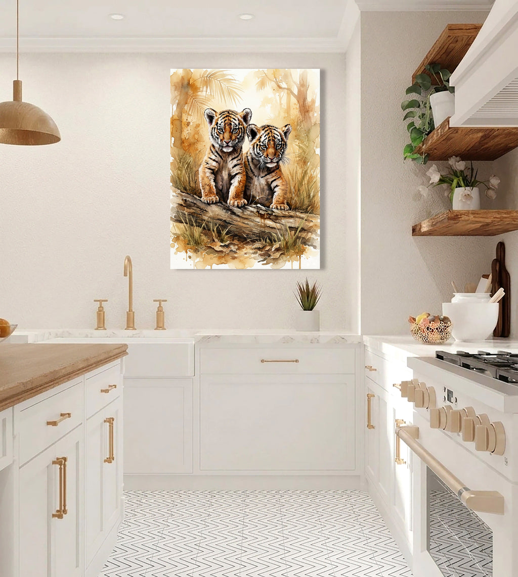 Wandbild Tiger Zwei Junge Baumstamm Aquarell Kunstdruck auf Leinwand