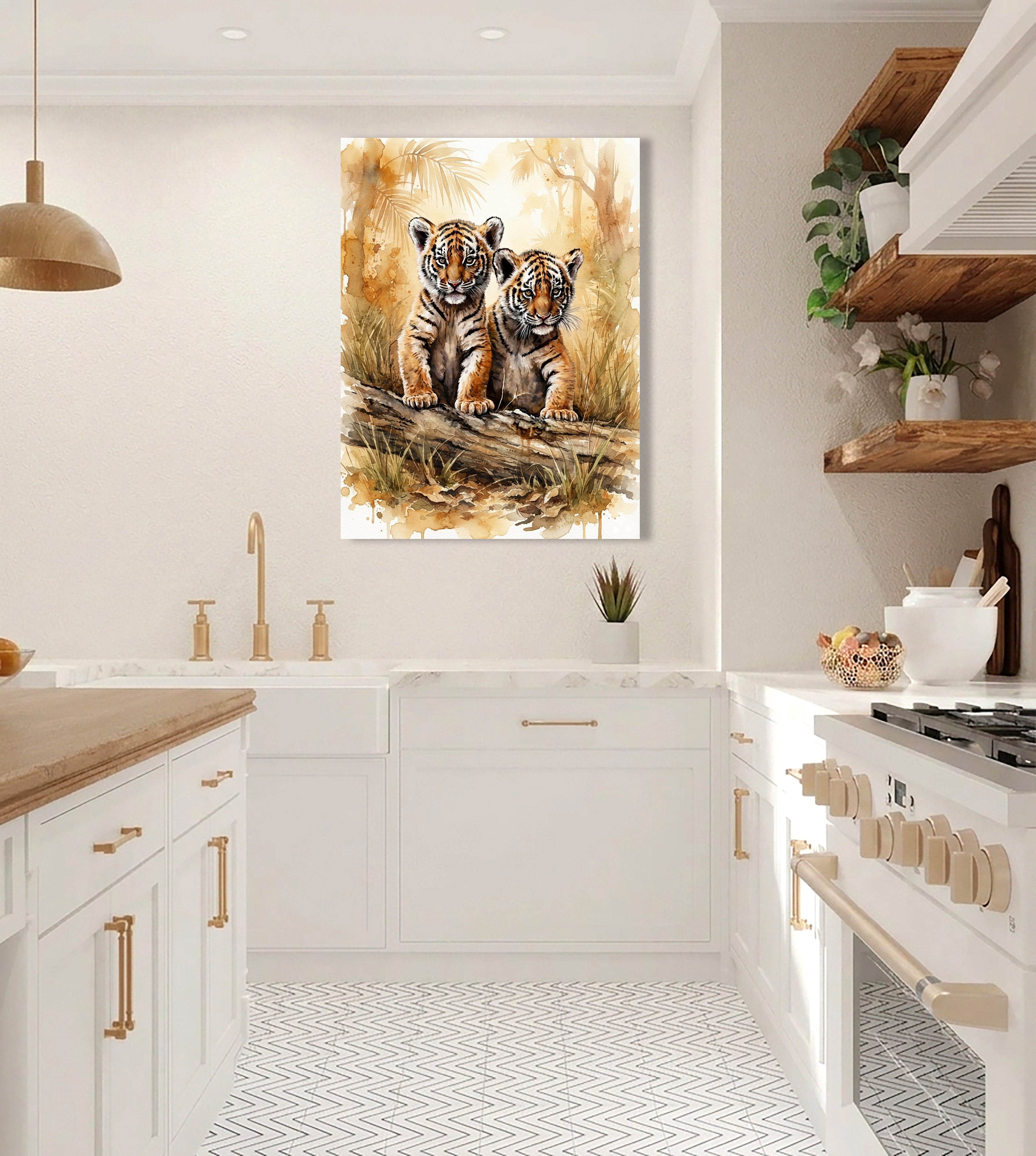 Wandbild Tiger Zwei Junge Baumstamm Aquarell Kunstdruck auf Leinwand