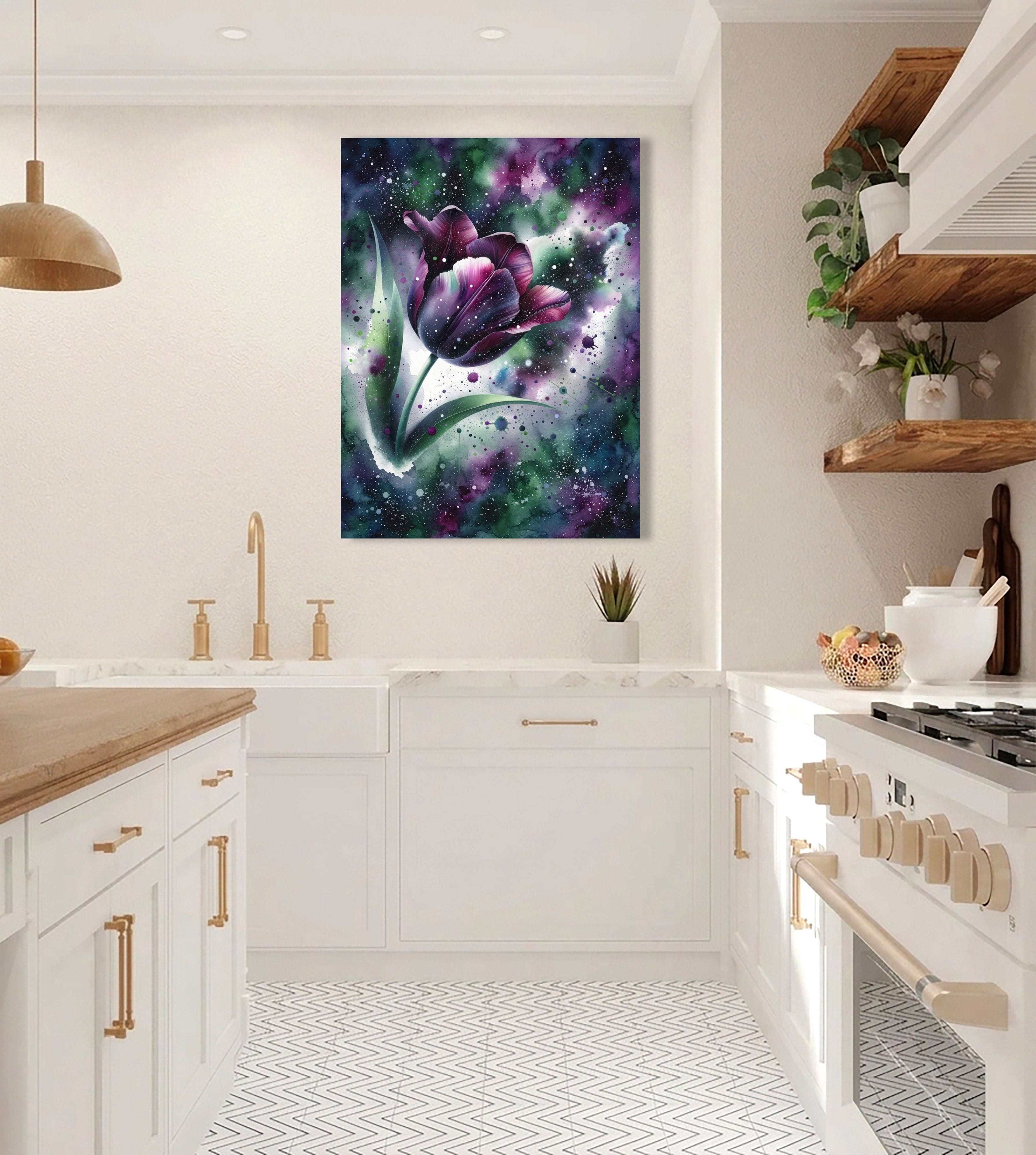 Wandbild Tulpe Aquarell Dunkelviolett Galaxie Grün Sternennebel Kunstdruck auf Leinwand