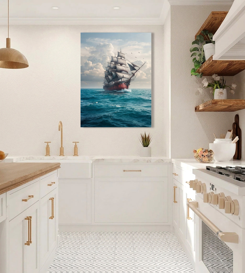 Wandbild Segelschiff Antik Roter Rumpf Volle Segel Möwen Kunstdruck auf Leinwand