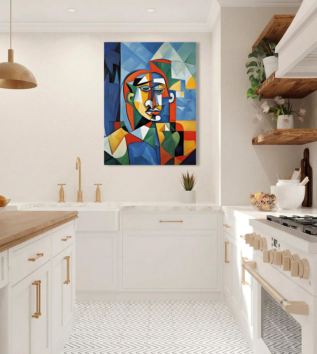 Wandbild Kubistische Frau mit grünen Augen Picasso Style Kunstdruck auf Leinwand