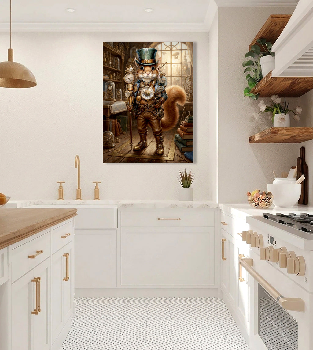 Wandbild Eichhörnchen Steampunk Uhrmacher Grüner Zylinder Uhrenatelier Kunstdruck auf Leinwand