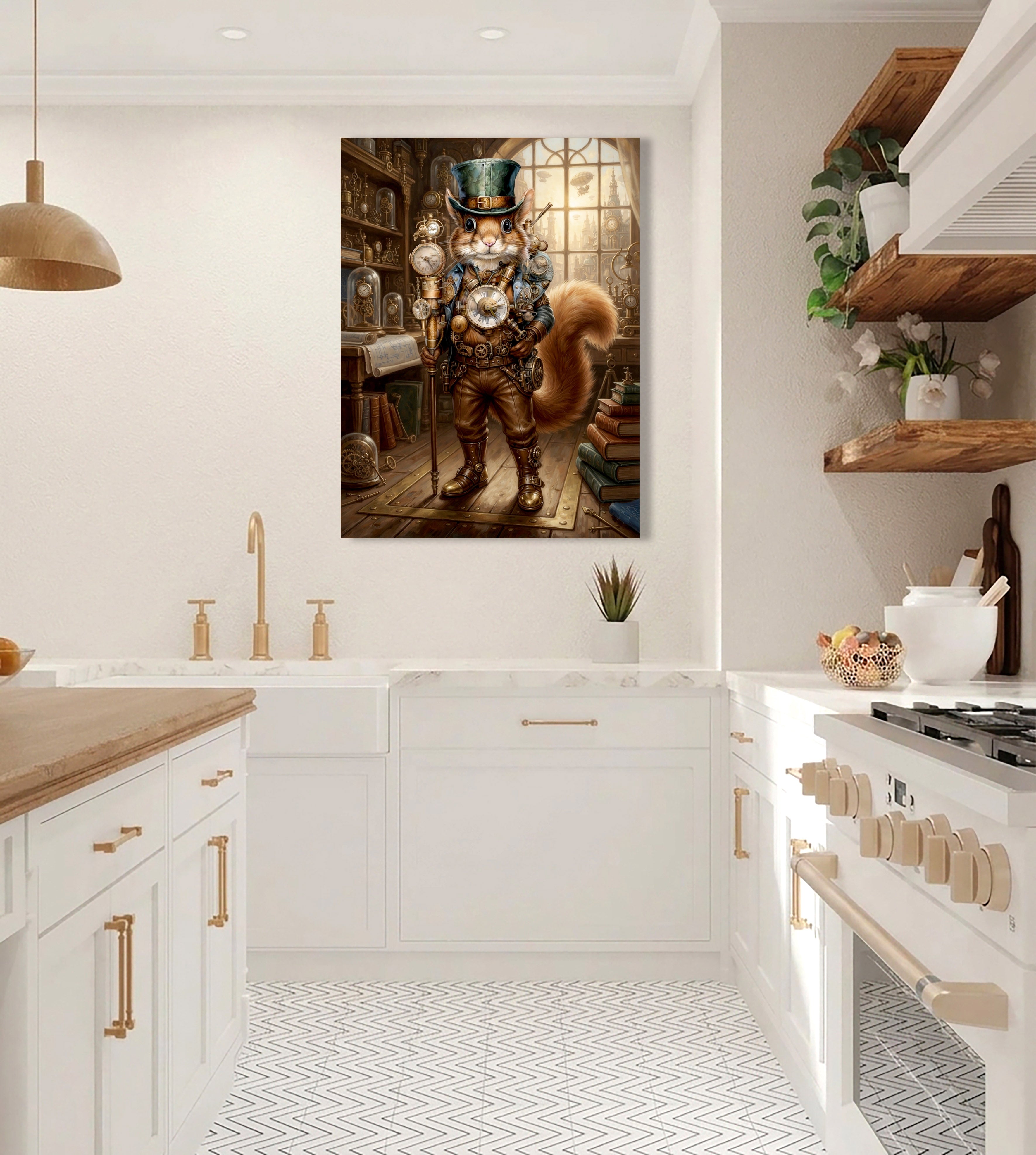 Wandbild Eichhörnchen Steampunk Uhrmacher Grüner Zylinder Uhrenatelier Kunstdruck auf Leinwand