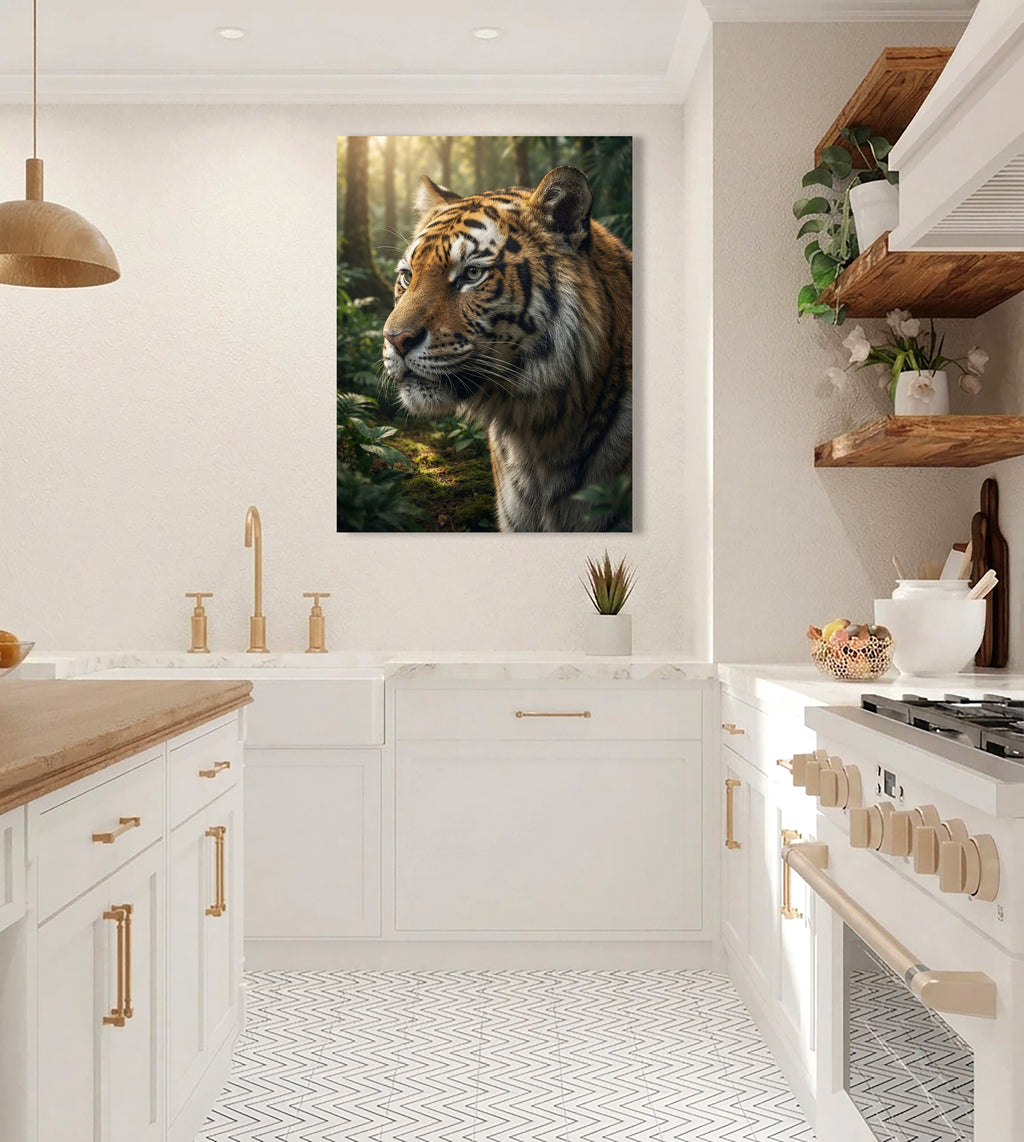 Wandbild Tiger Nahaufnahme Seitenprofil Seitenblick Dschungel Sonnenlicht Kunstdruck auf Leinwand