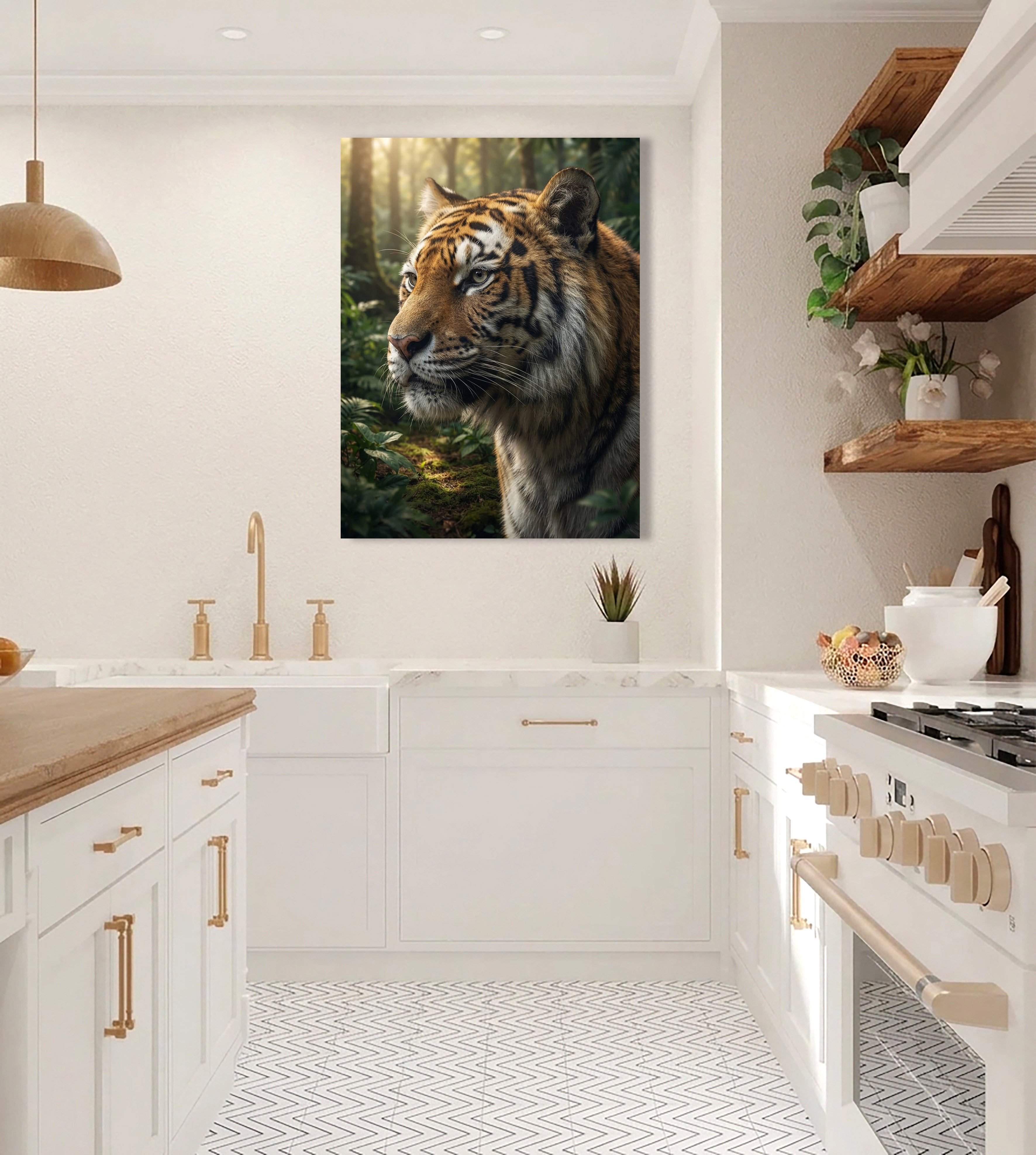 Wandbild Tiger Nahaufnahme Seitenprofil Seitenblick Dschungel Sonnenlicht Kunstdruck auf Leinwand