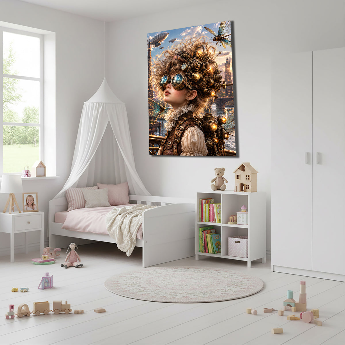 Steampunk Himmelsforscherin – Fantasie Wandbild fürs Kinderzimmer