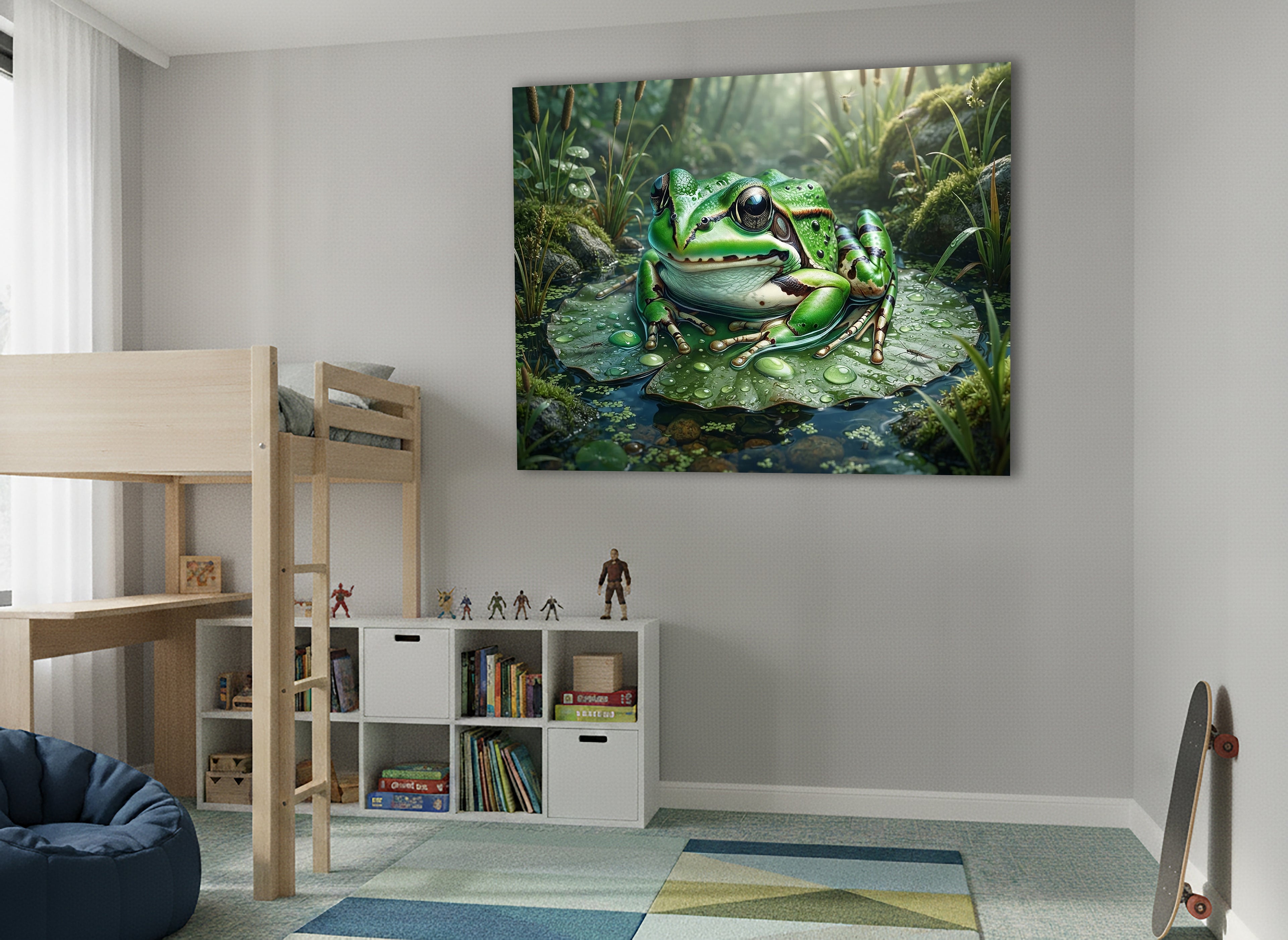 Wandbild Frosch Seerosenblatt Wassertropfen Schilf Waldlicht Kunstdruck auf Leinwand