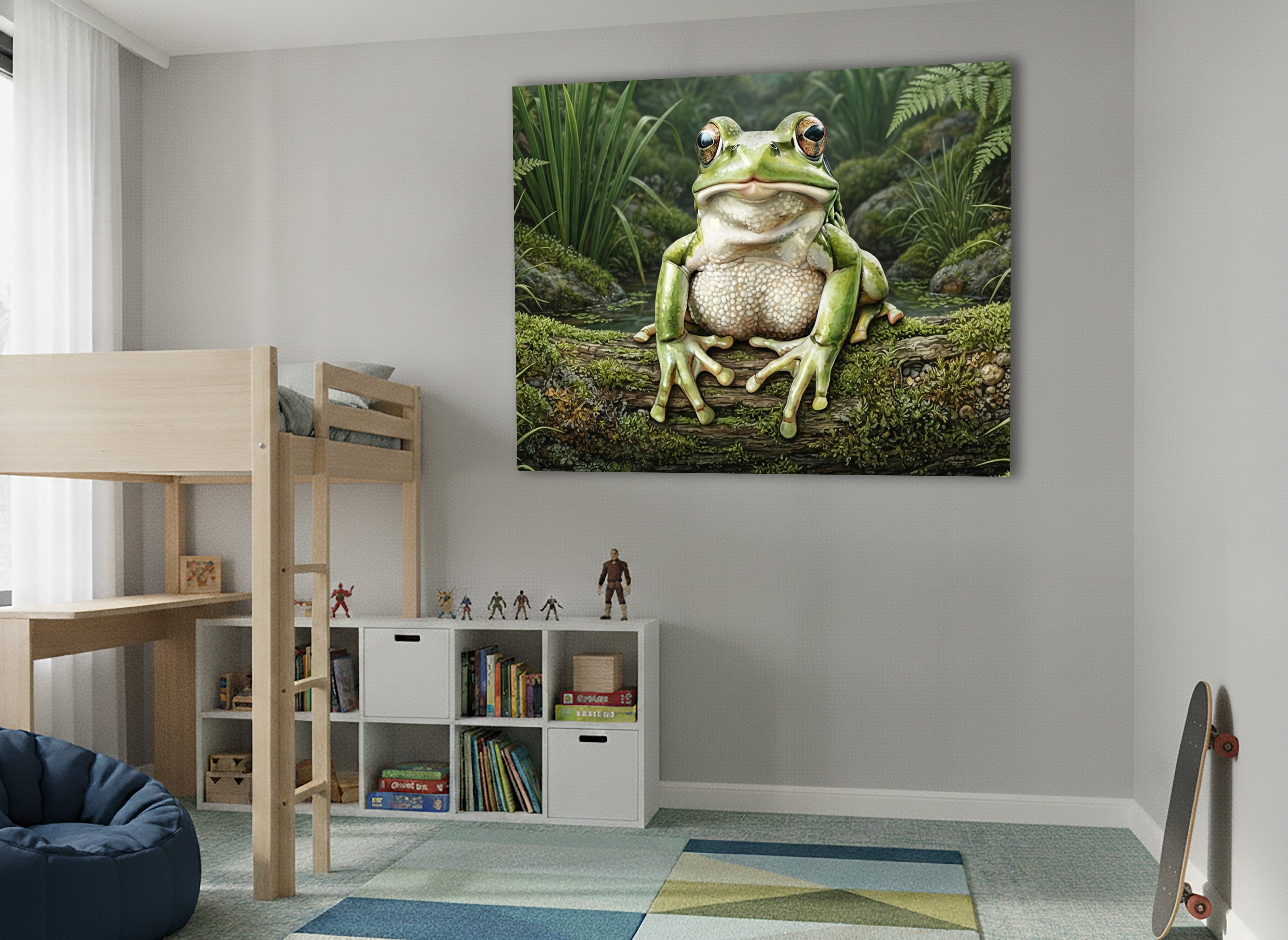 Wandbild Frosch Hellgrün Moosiger Ast Schilf Teich Kunstdruck auf Leinwand