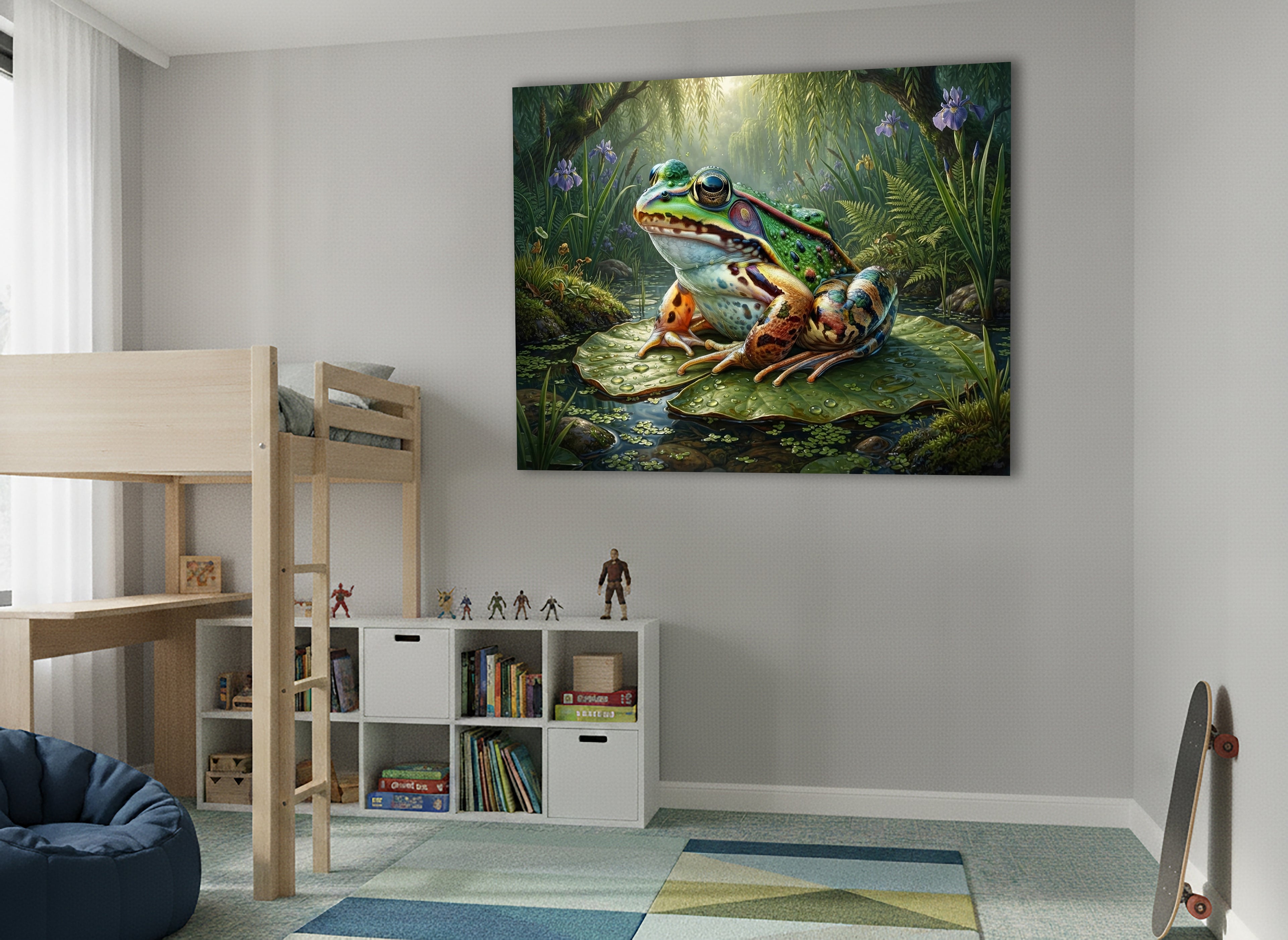 Wandbild Frosch Seerosenblatt Lila Iris Weidenzweige Gegenlicht Kunstdruck auf Leinwand