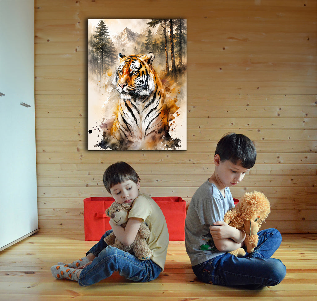 Wandbild Tiger Aquarell Nadelwald Bergkulisse Nr. 1 Kunstdruck auf Leinwand