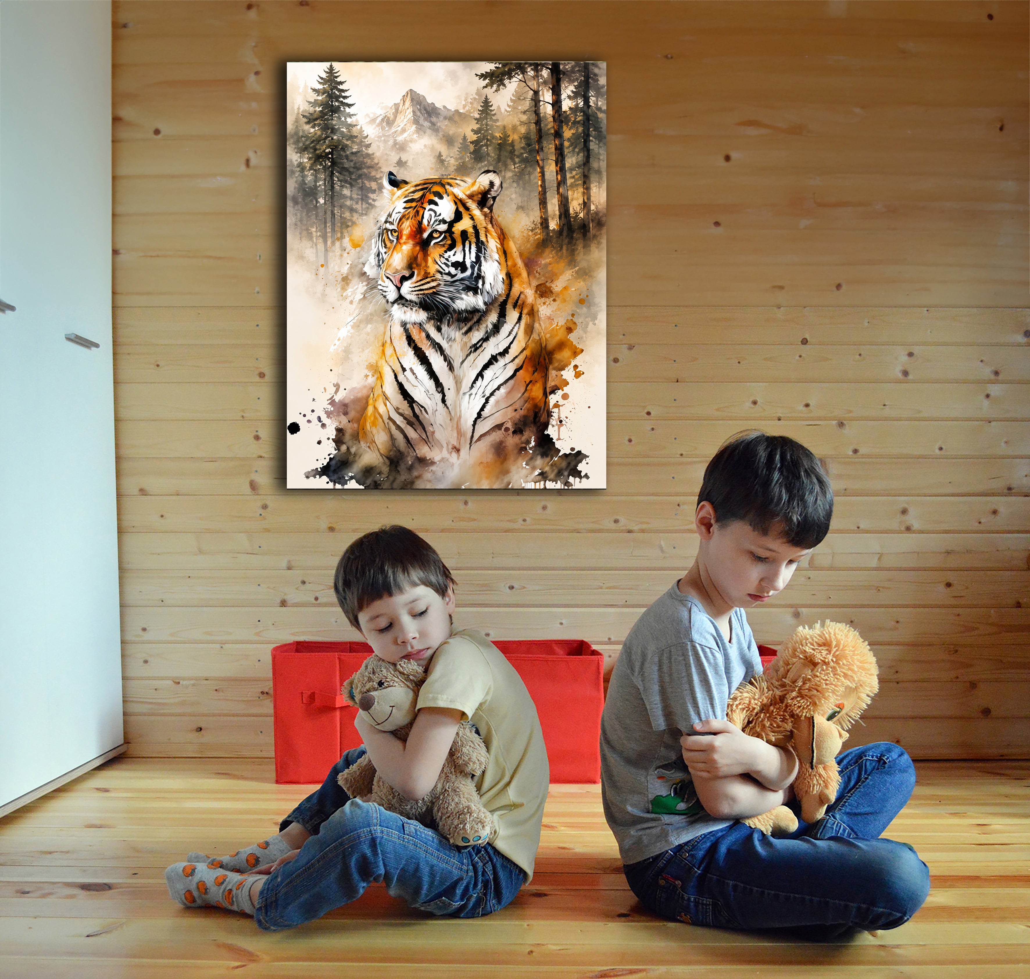 Wandbild Tiger Aquarell Nadelwald Bergkulisse Nr. 1 Kunstdruck auf Leinwand