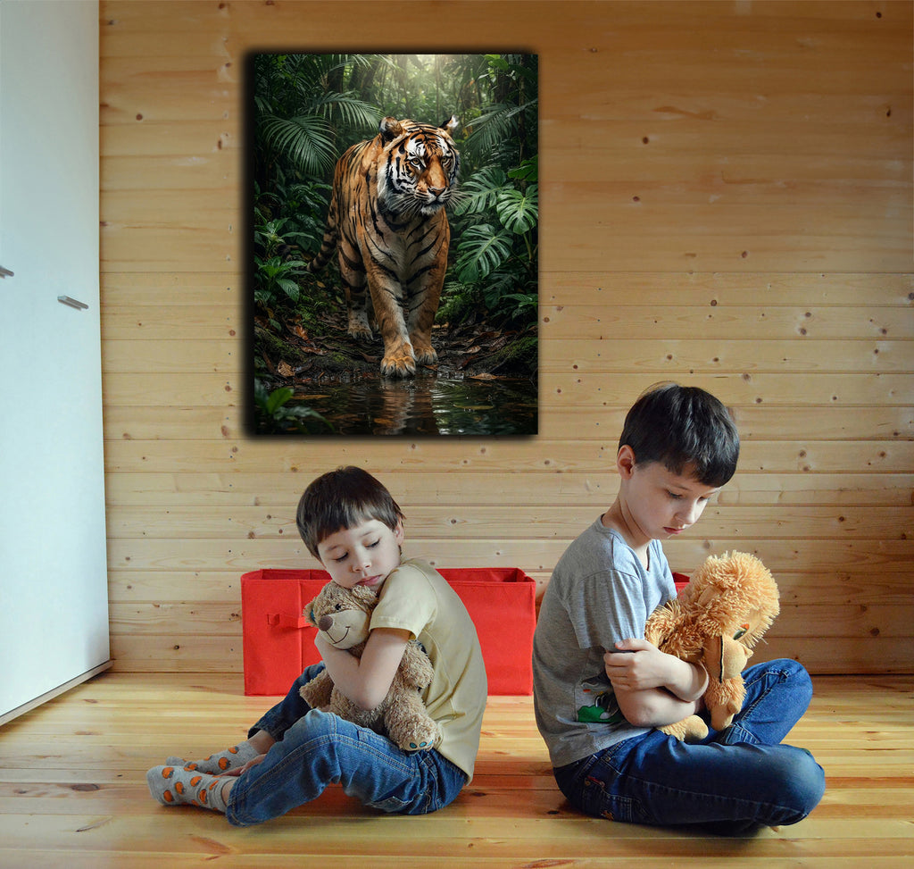 Wandbild Tiger Regenwald Frontal Wasserpfütze Dschungel Kunstdruck auf Leinwand