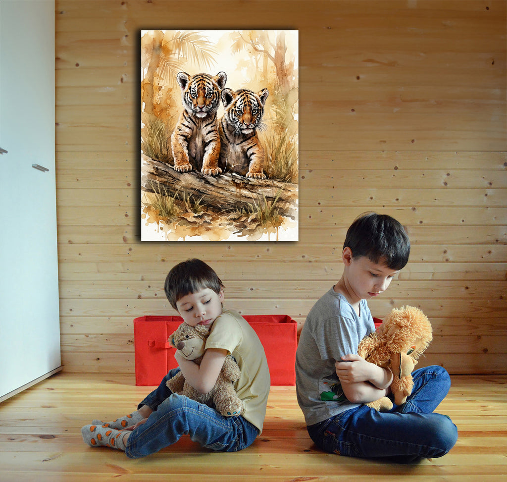 Wandbild Tiger Zwei Junge Baumstamm Aquarell Kunstdruck auf Leinwand