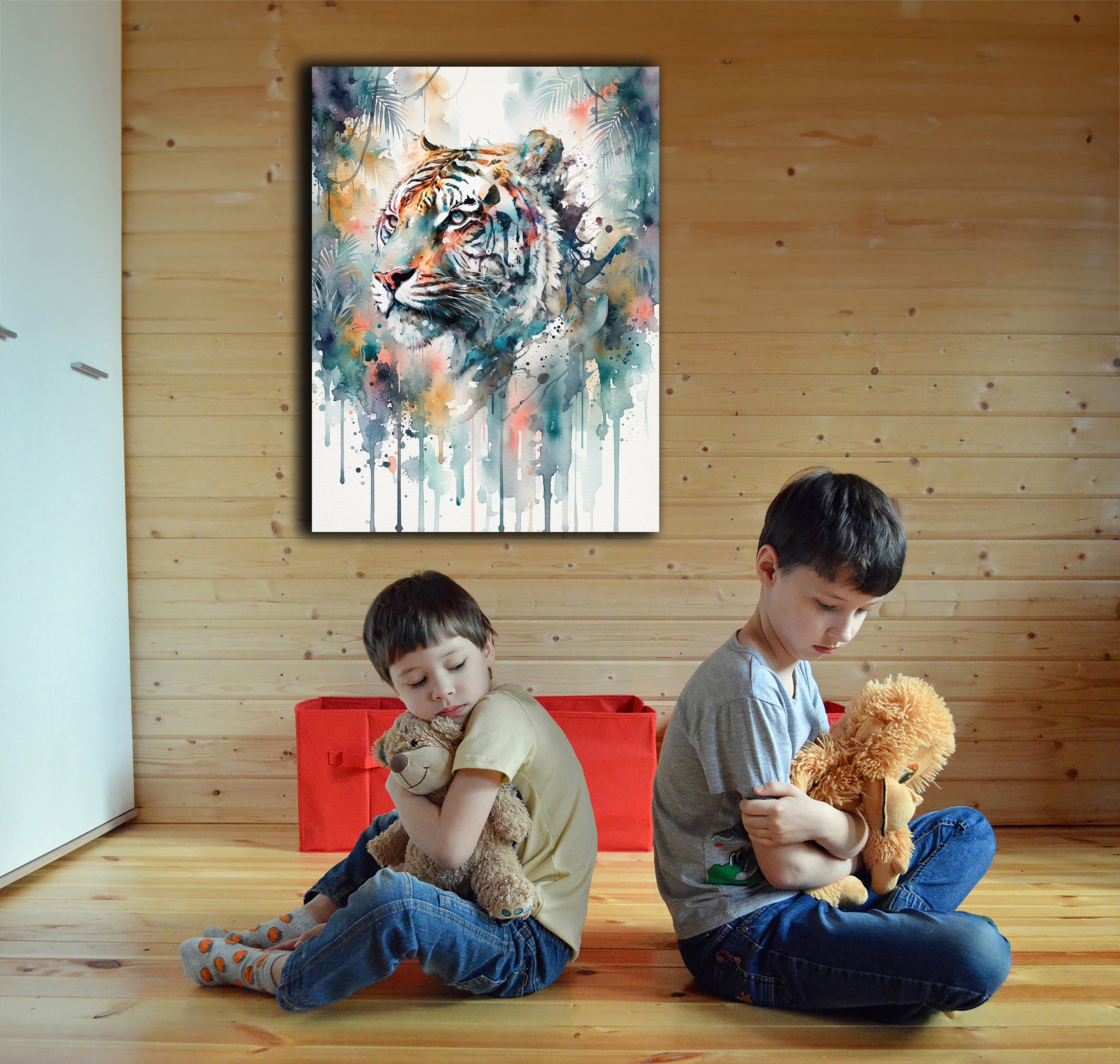 Wandbild Tiger Weißer Tiger Aquarell Farbspritzer Dschungel Kunstdruck auf Leinwand