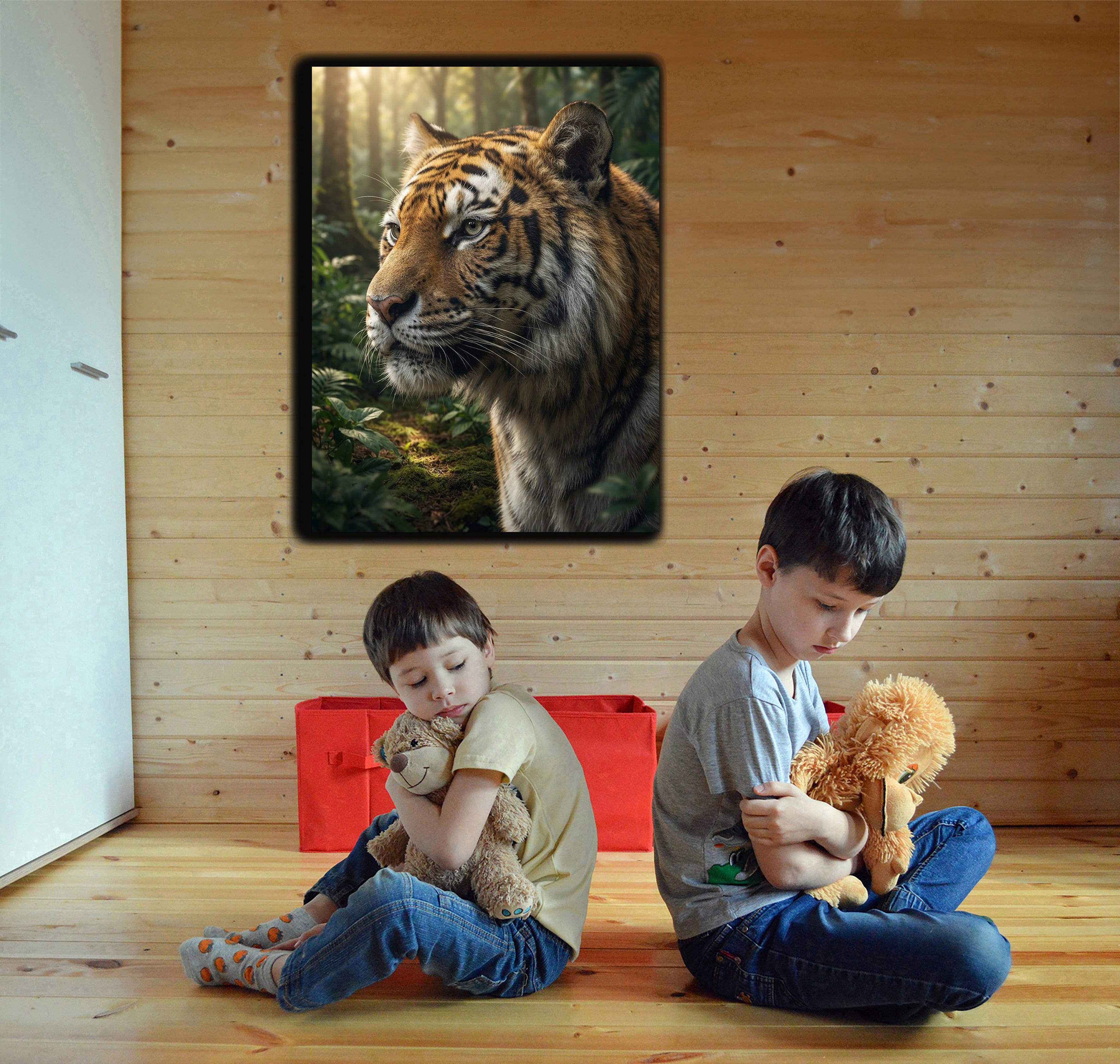 Wandbild Tiger Nahaufnahme Seitenprofil Seitenblick Dschungel Sonnenlicht Kunstdruck auf Leinwand