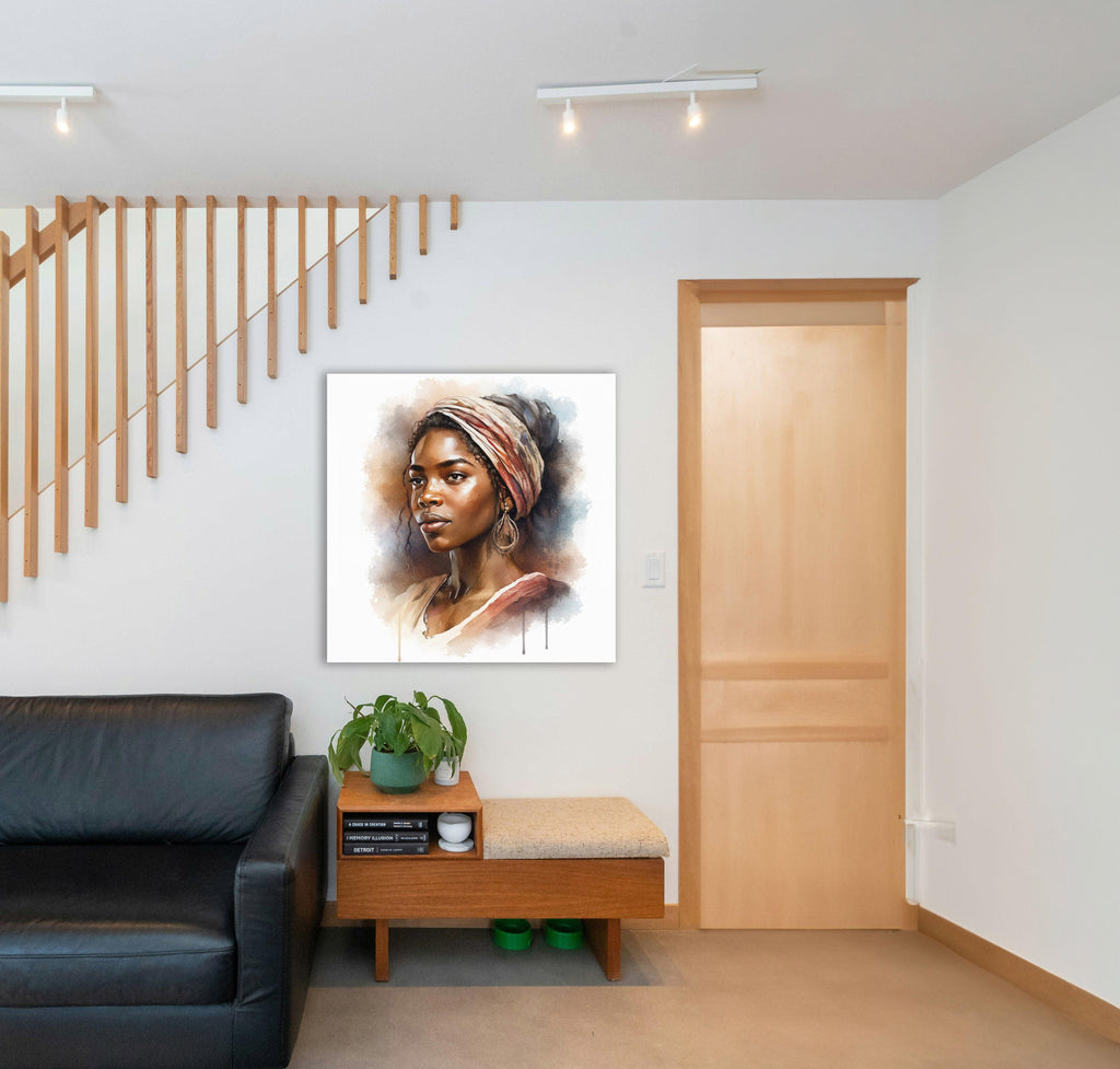 Afrikanerin Portrait mit gestreiftem Kopftuch und Creolen Aquarell