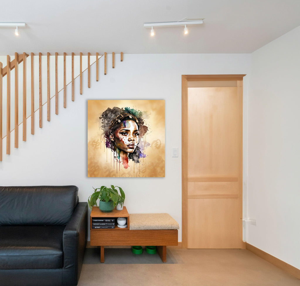 Afrikanerin Nr. 4 – Portrait mit Kaurimuscheln Aquarell Kunstdruck auf Leinwand