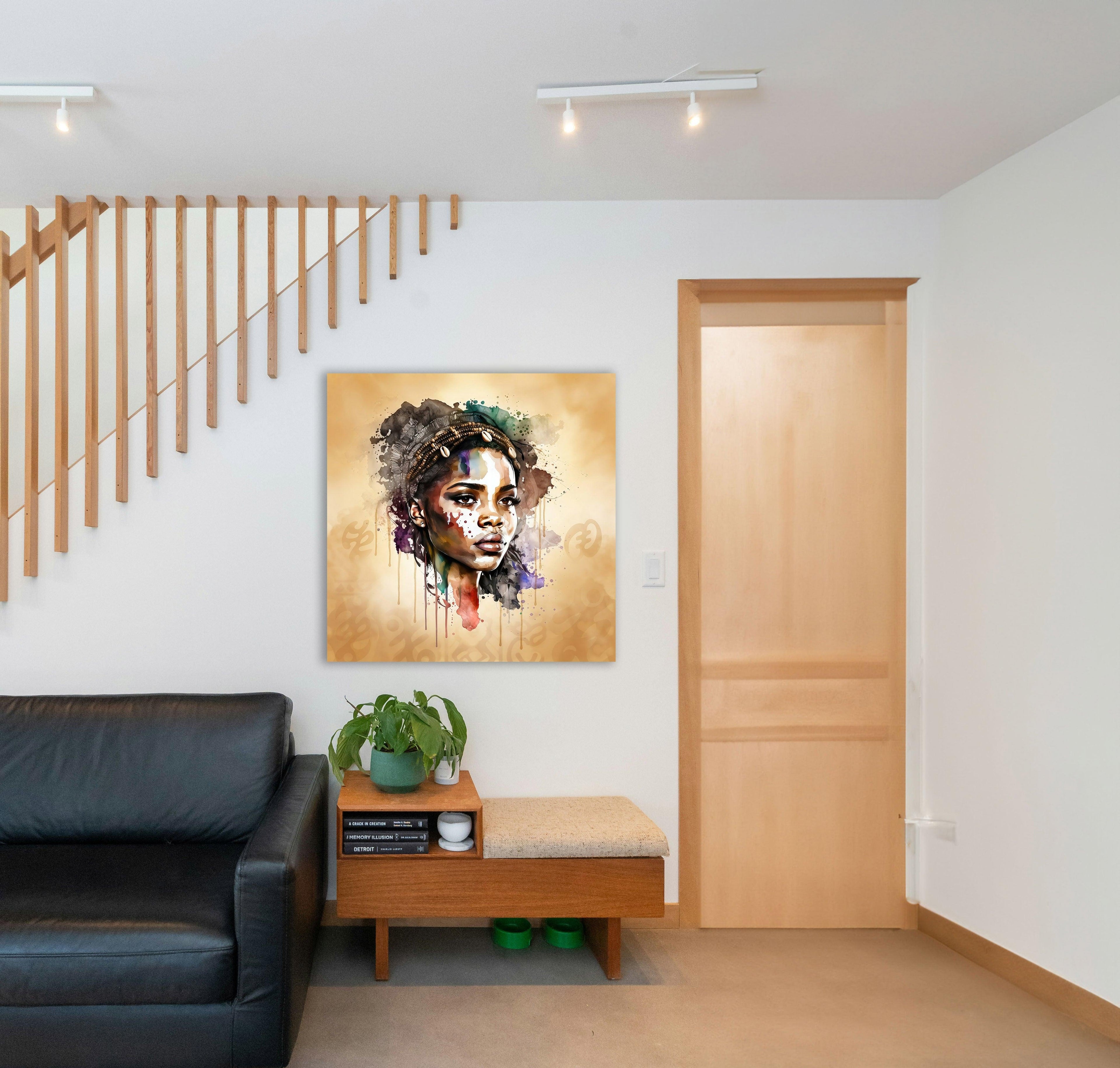 Afrikanerin Nr. 4 – Portrait mit Kaurimuscheln Aquarell Kunstdruck auf Leinwand