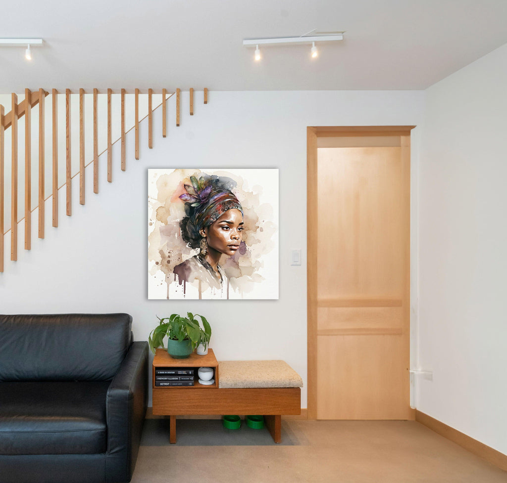 Afrikanerin Nr. 10 – Portrait mit Turban und Blattschmuck Aquarell Kunstdruck auf Leinwand