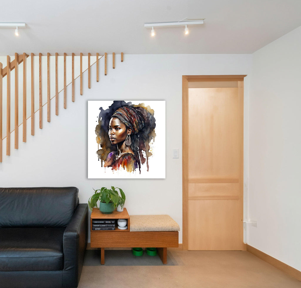 Afrikanerin Portrait mit buntem Turban und Creolen Aquarell