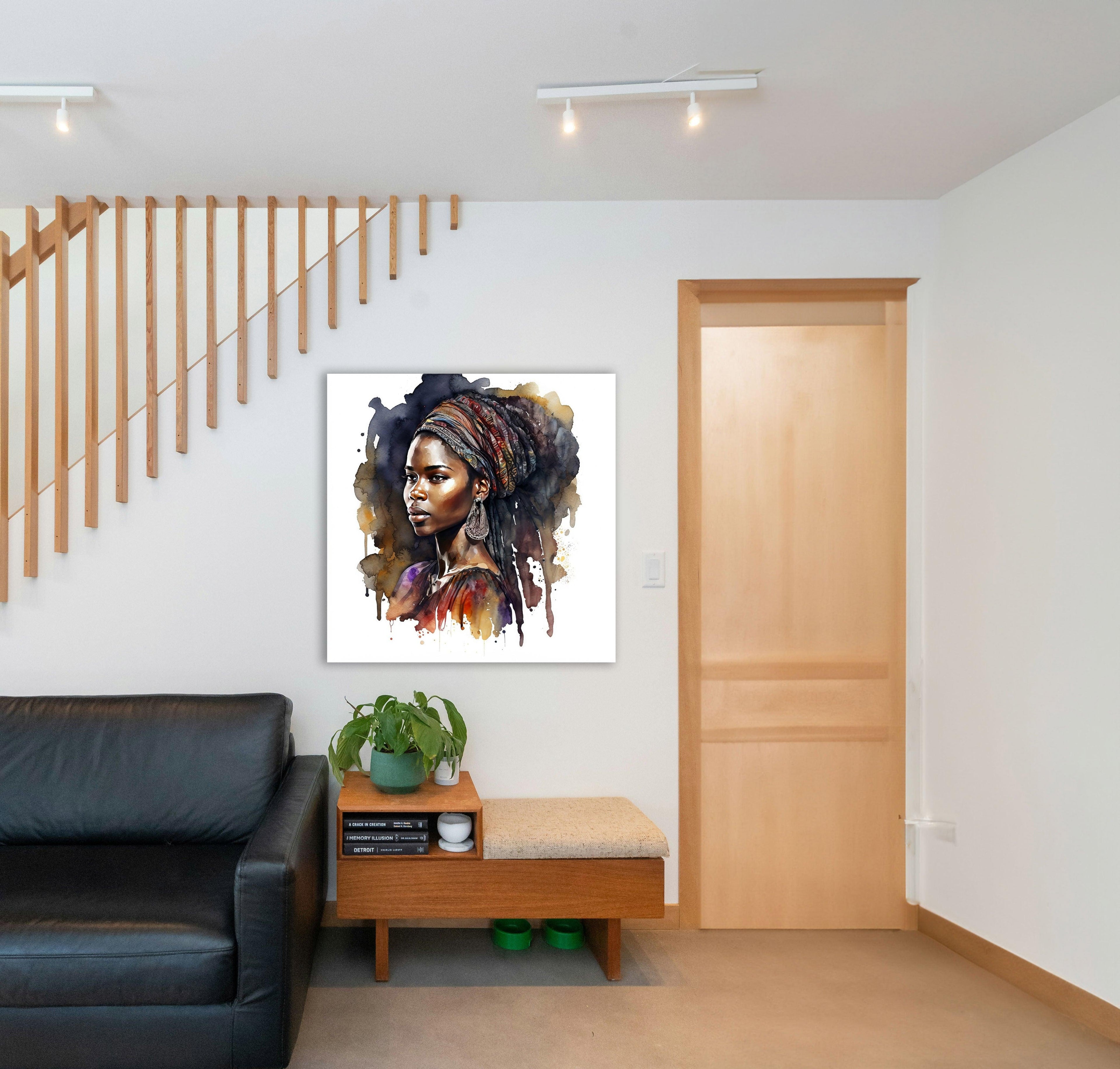 Afrikanerin Portrait mit buntem Turban und Creolen Aquarell