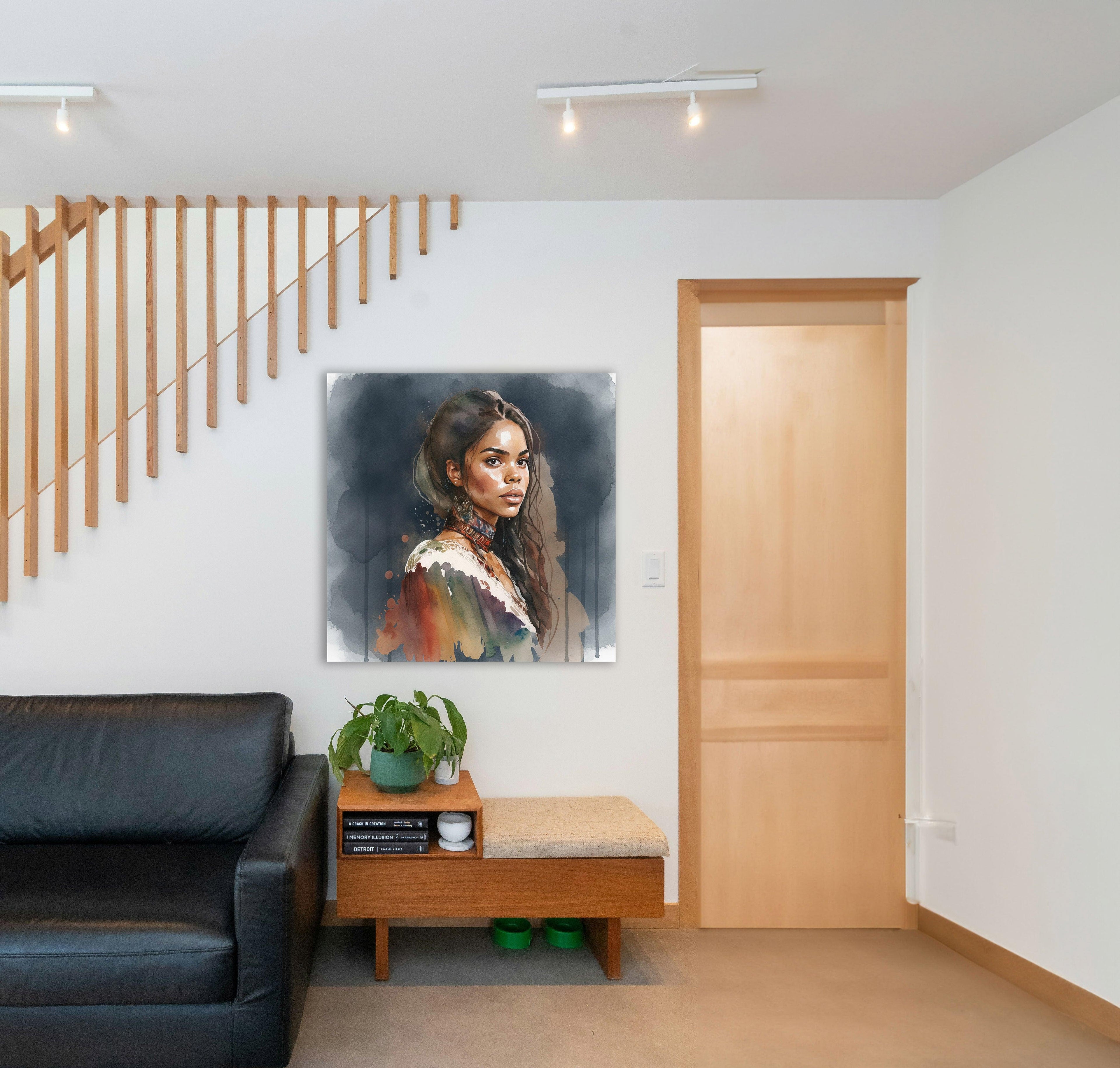 Afrikanerin Portrait mit offenem Haar und Halsband Aquarell