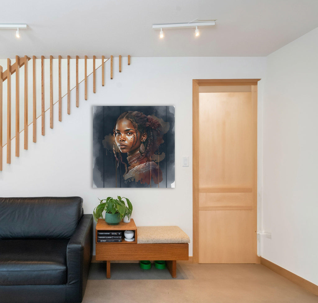 Afrikanerin Portrait mit Zöpfen, Blume und Creolen Aquarell
