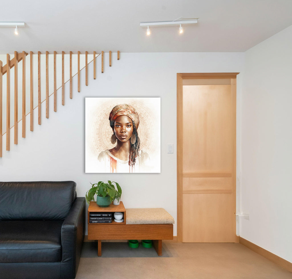 Wandbild Afrikanerin Portrait mit Blumenkopftuch und Creolen