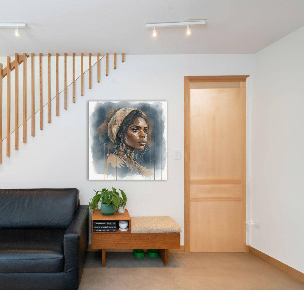 Afrikanerin Portrait mit Kopftuch, Creolen und Halsschmuck Aquarell