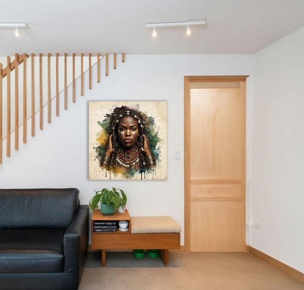 Afrikanerin Nr. 6 – Stammeskönigin mit Schmuck Aquarell Kunstdruck auf Leinwand