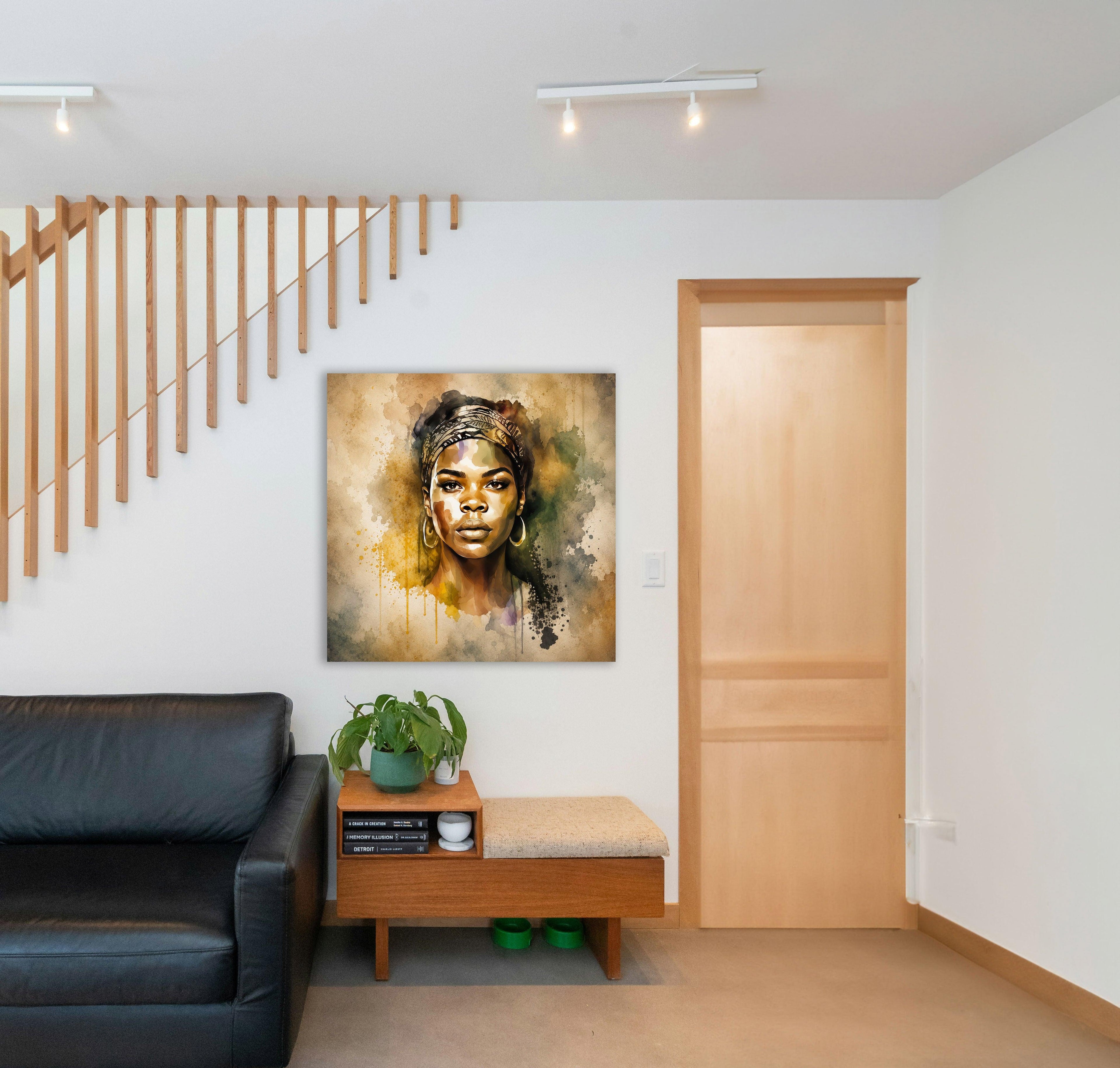 Afrikanerin Nr. 3 – Portrait mit Kopftuch Aquarell Kunstdruck auf Leinwand