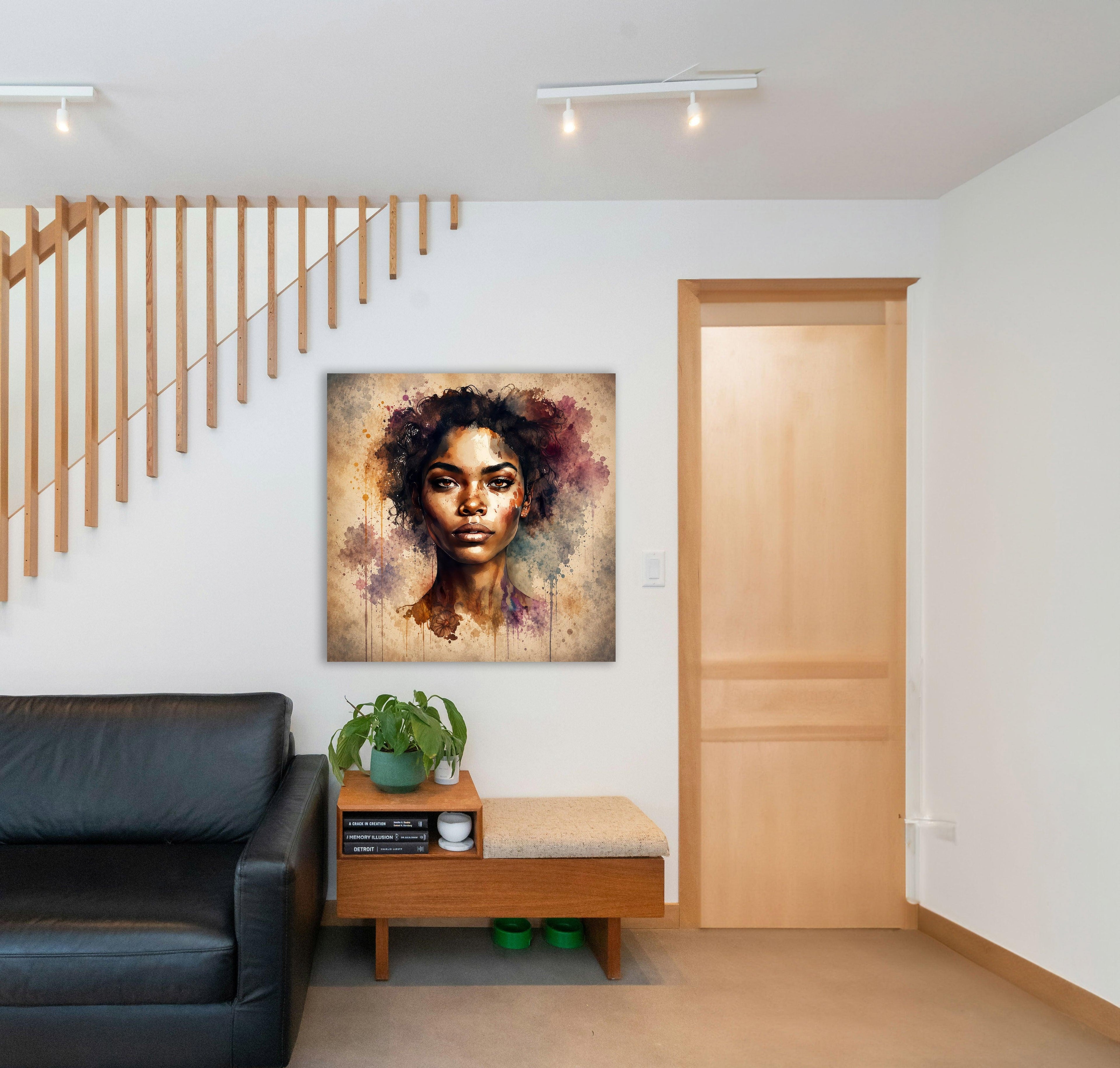 Afrikanerin Nr. 2 – Portrait mit Locken Aquarell Kunstdruck auf Leinwand