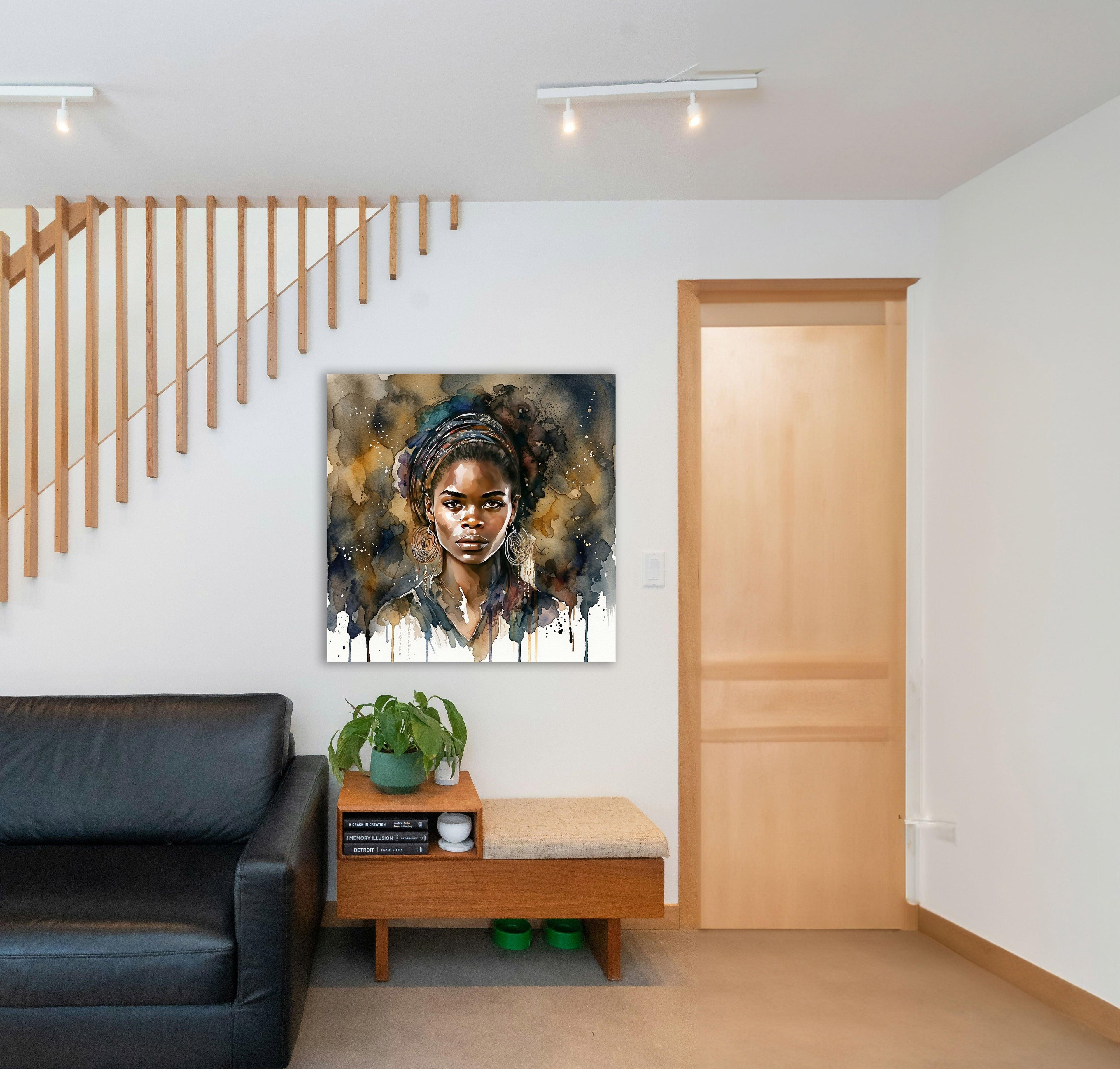 Afrikanerin Nr. 12 – Portrait mit Goldcreolen Aquarell Kunstdruck auf Leinwand