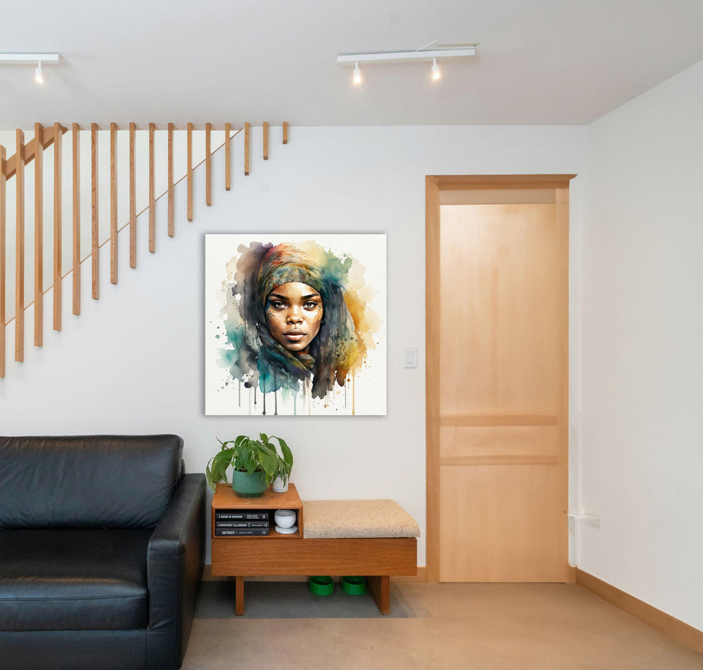 Afrikanerin Nr. 9 – Portrait mit gemustertem Stirnband Aquarell Kunstdruck auf Leinwand